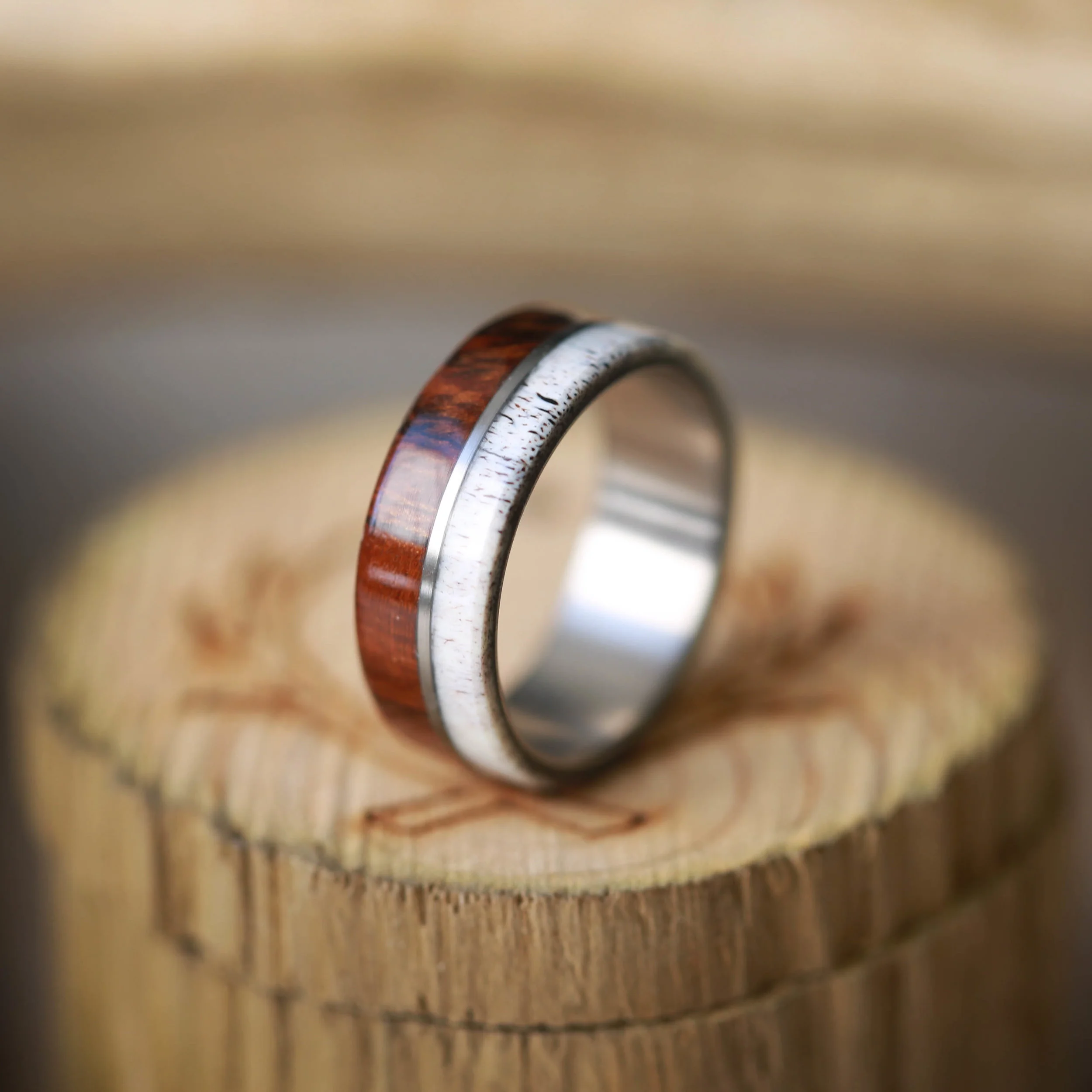 Wood and Elk Antler Wedding Band for Men. Handcrafted by Staghead Designs.