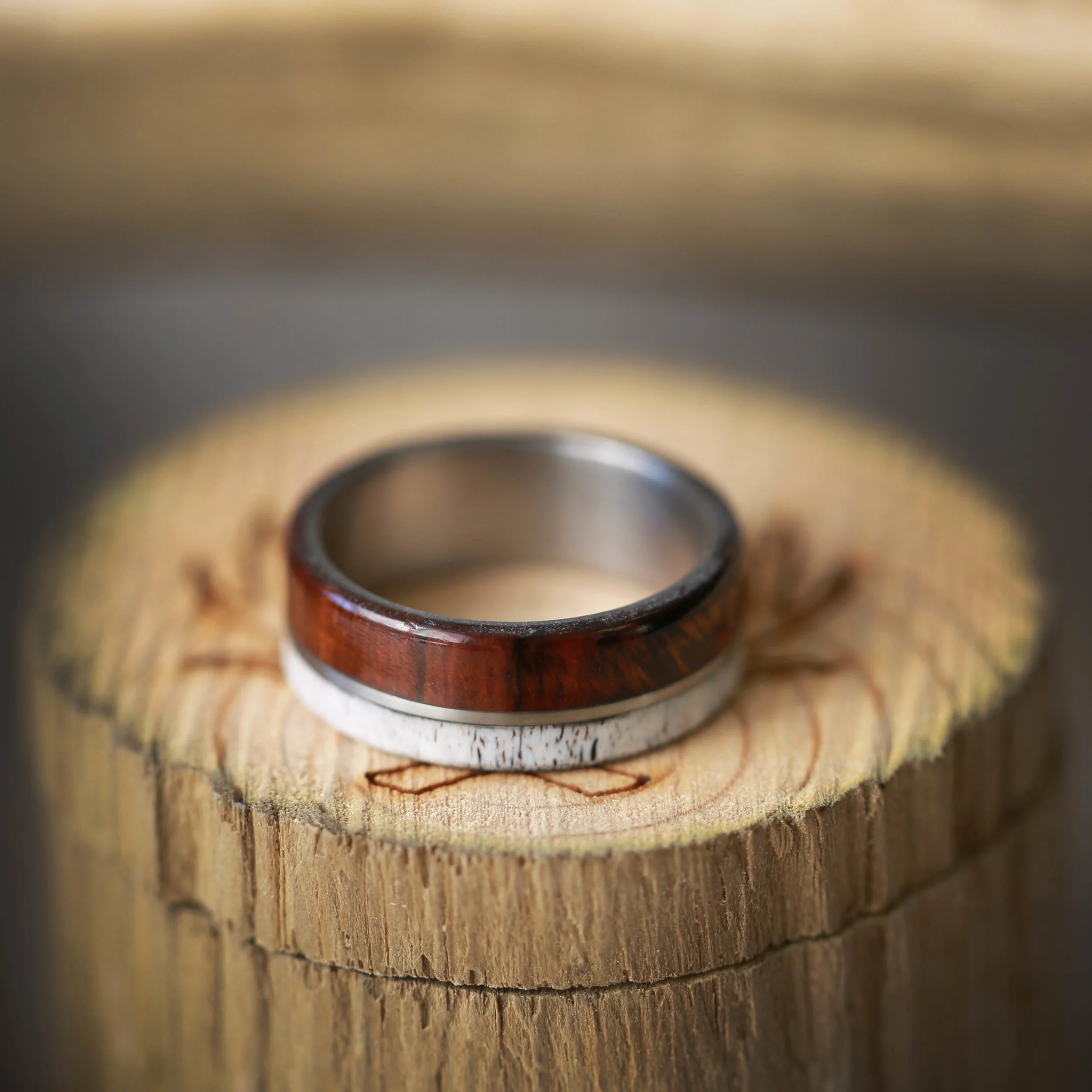 Unique Wood and Antler Ring. Handcrafted by Staghead Designs.