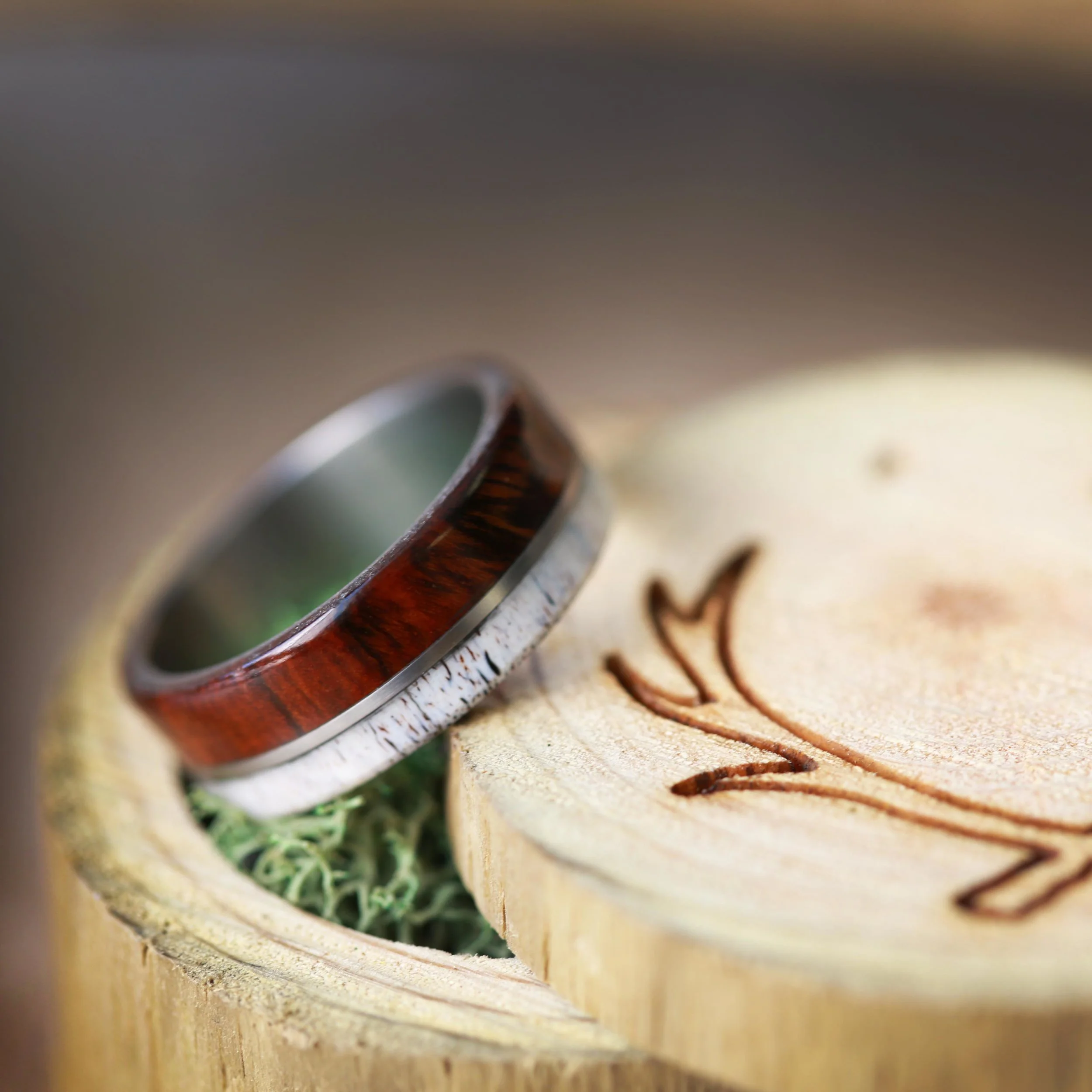 Wood and Antler Wedding Ring for Men. Handcrafted by Staghead Designs.
