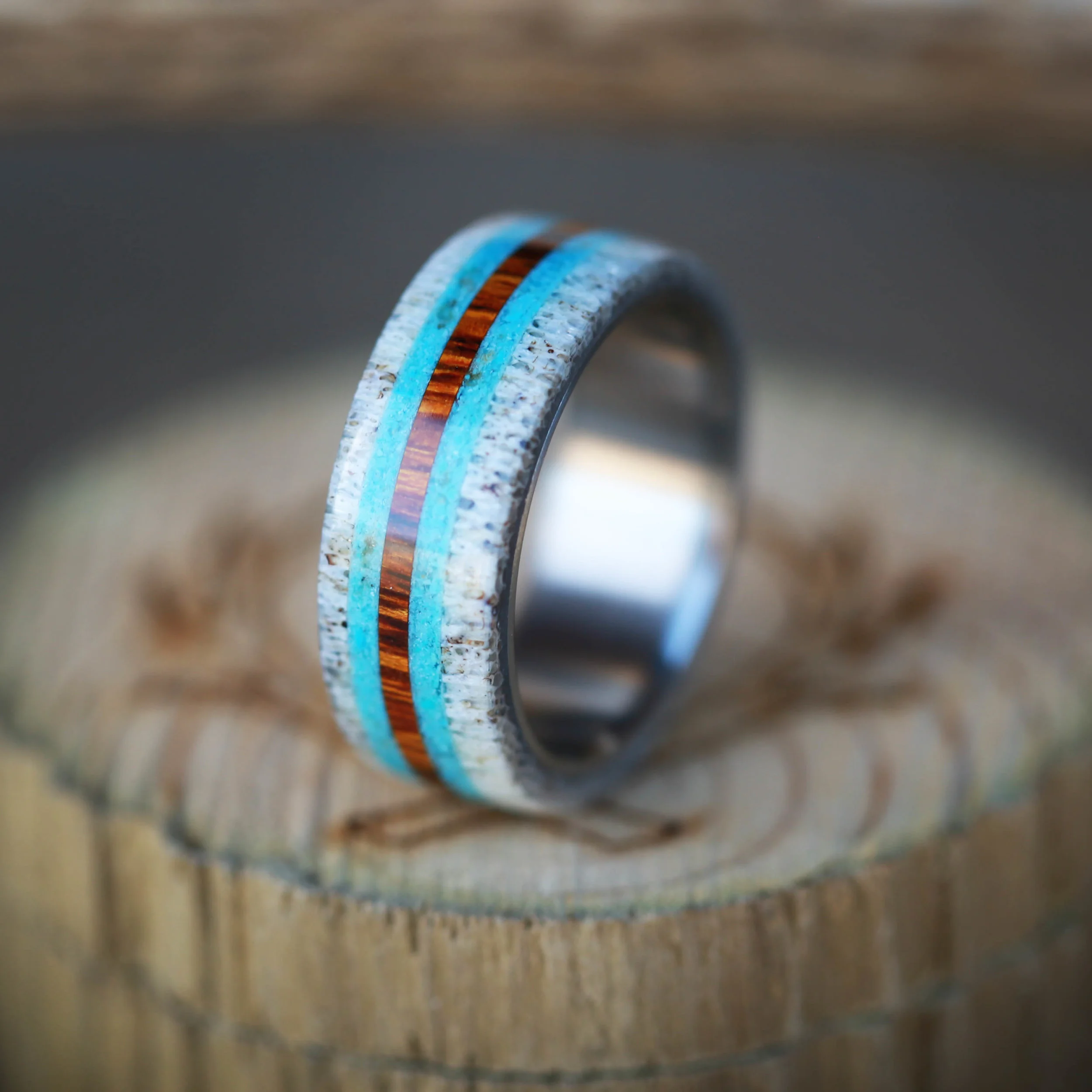 Turquoise, Wood, and Antler Wedding Ring. Handcrafted by Staghead Designs.