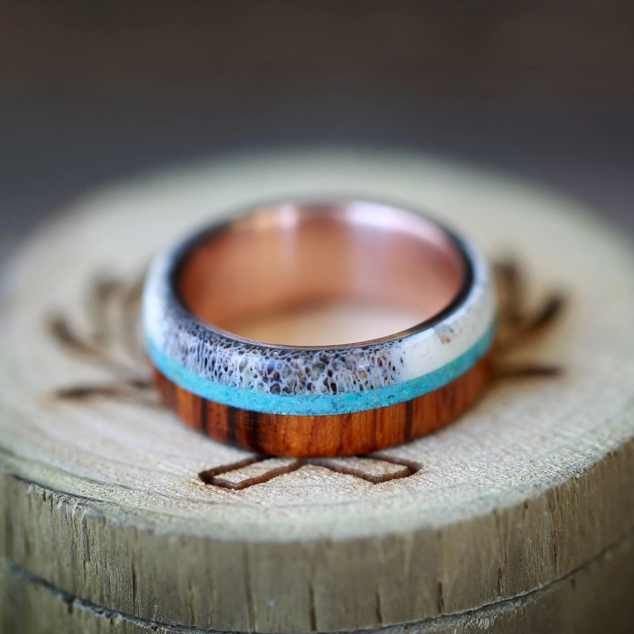Rose Gold & Turquoise Wedding Ring for Men. Handcrafted by Staghead Designs.