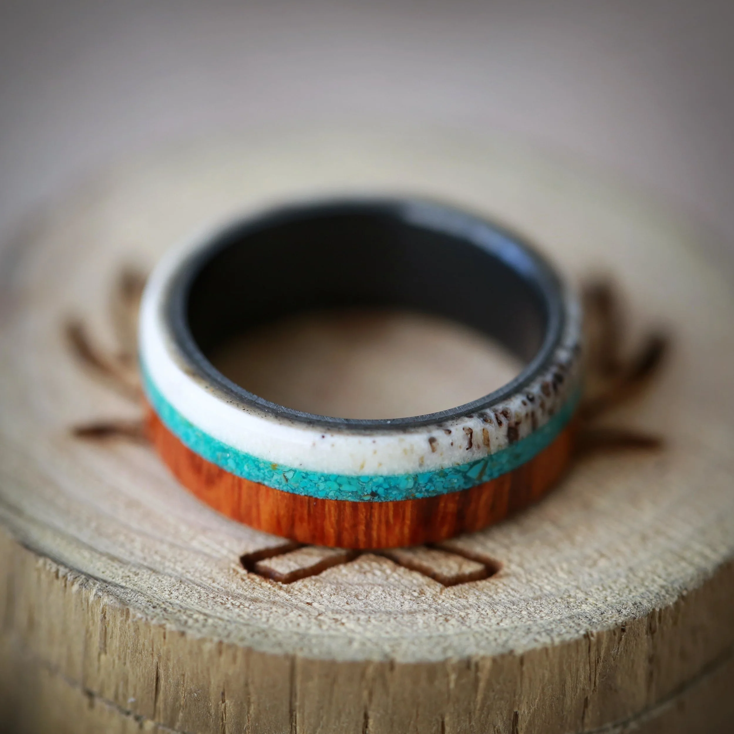 Unique Men's Wedding Ring with Custom Materials. Handcrafted by Staghead Designs.