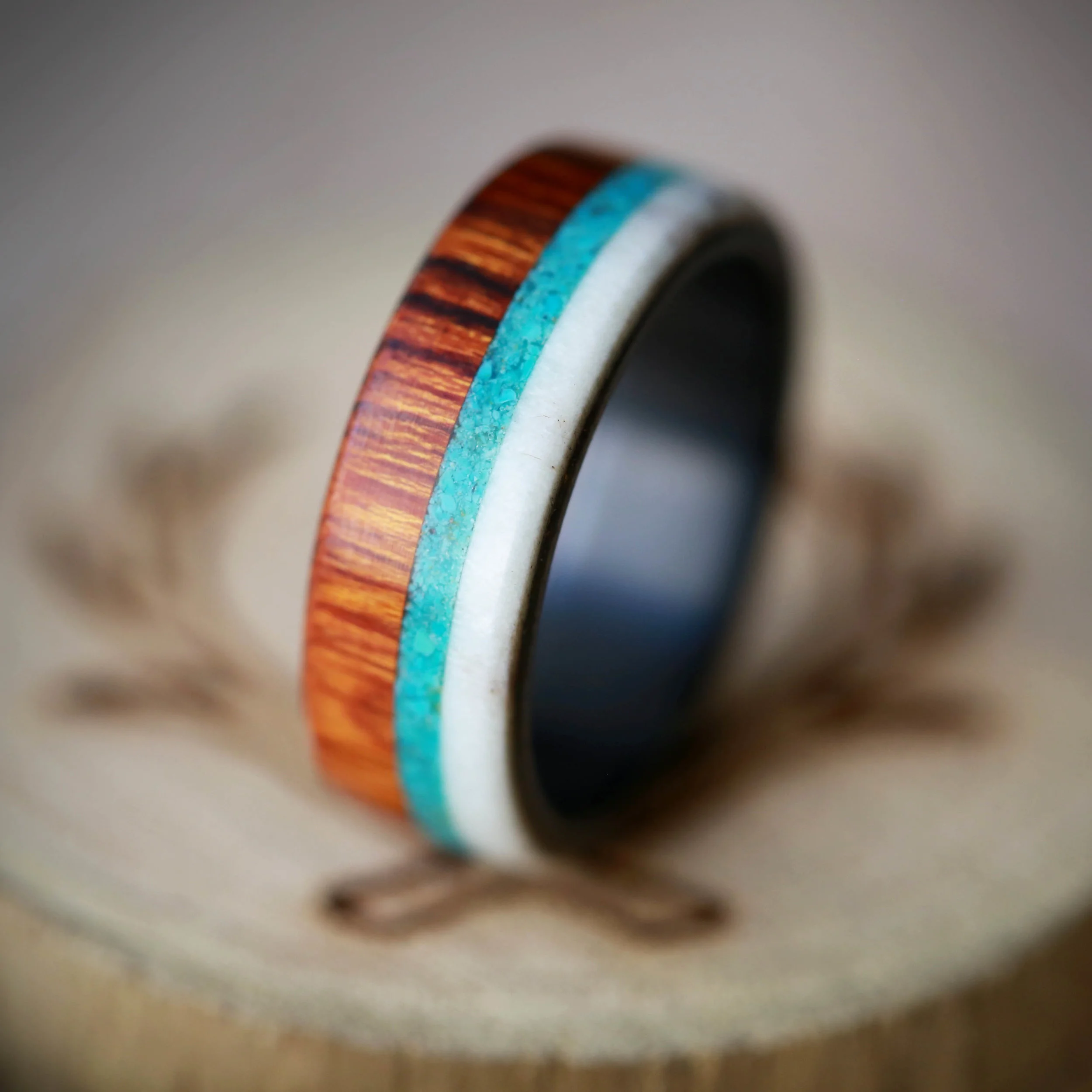 Black Ring with Wood, Turquoise, and Antler. Handcrafted by Staghead Designs.