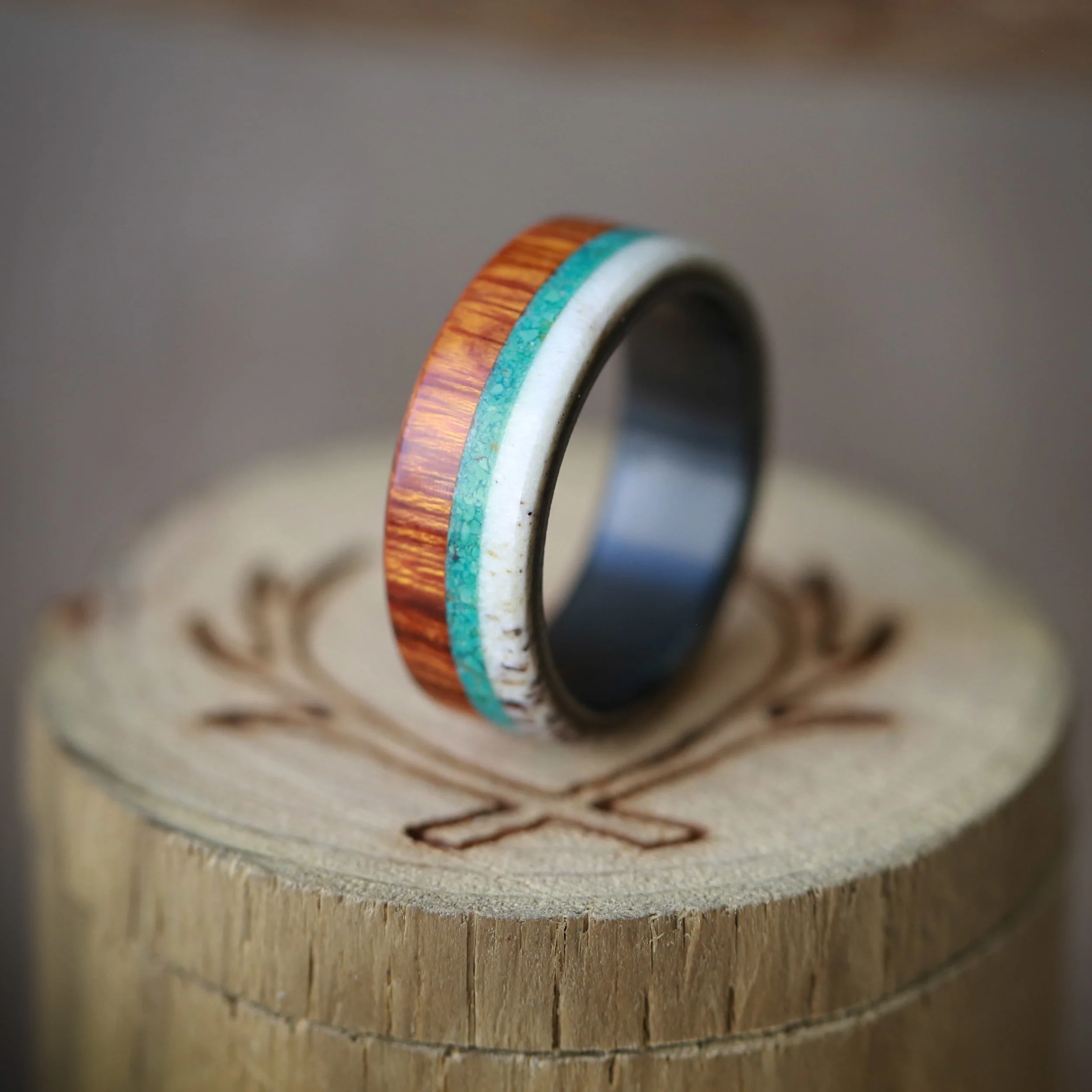 Unique Men's Wedding Ring with Turquoise, Wood, and Antler. Handcrafted by Staghead Designs.