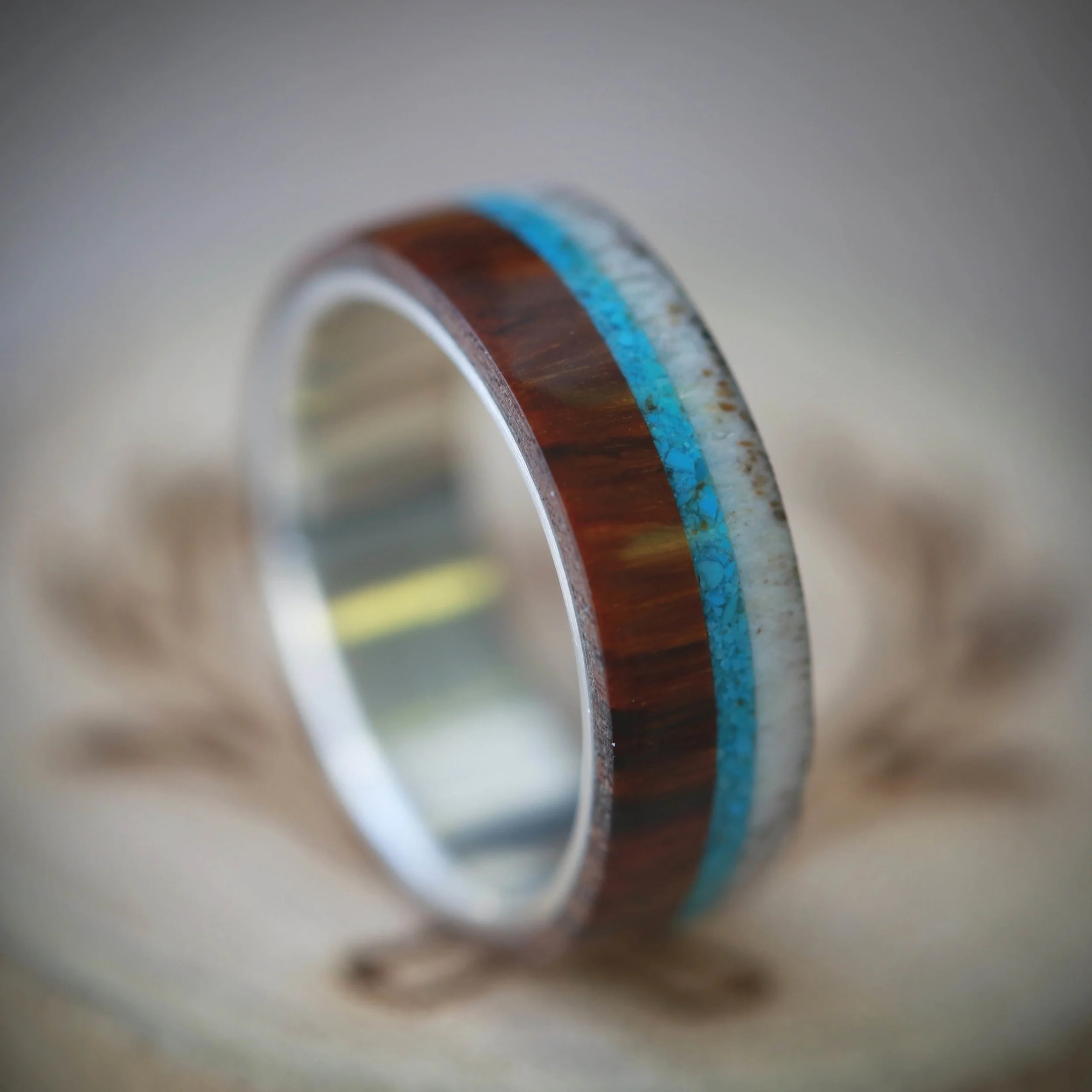 Men's Turquoise Wedding Band with Antler and Wood. Handcrafted by Staghead Designs.