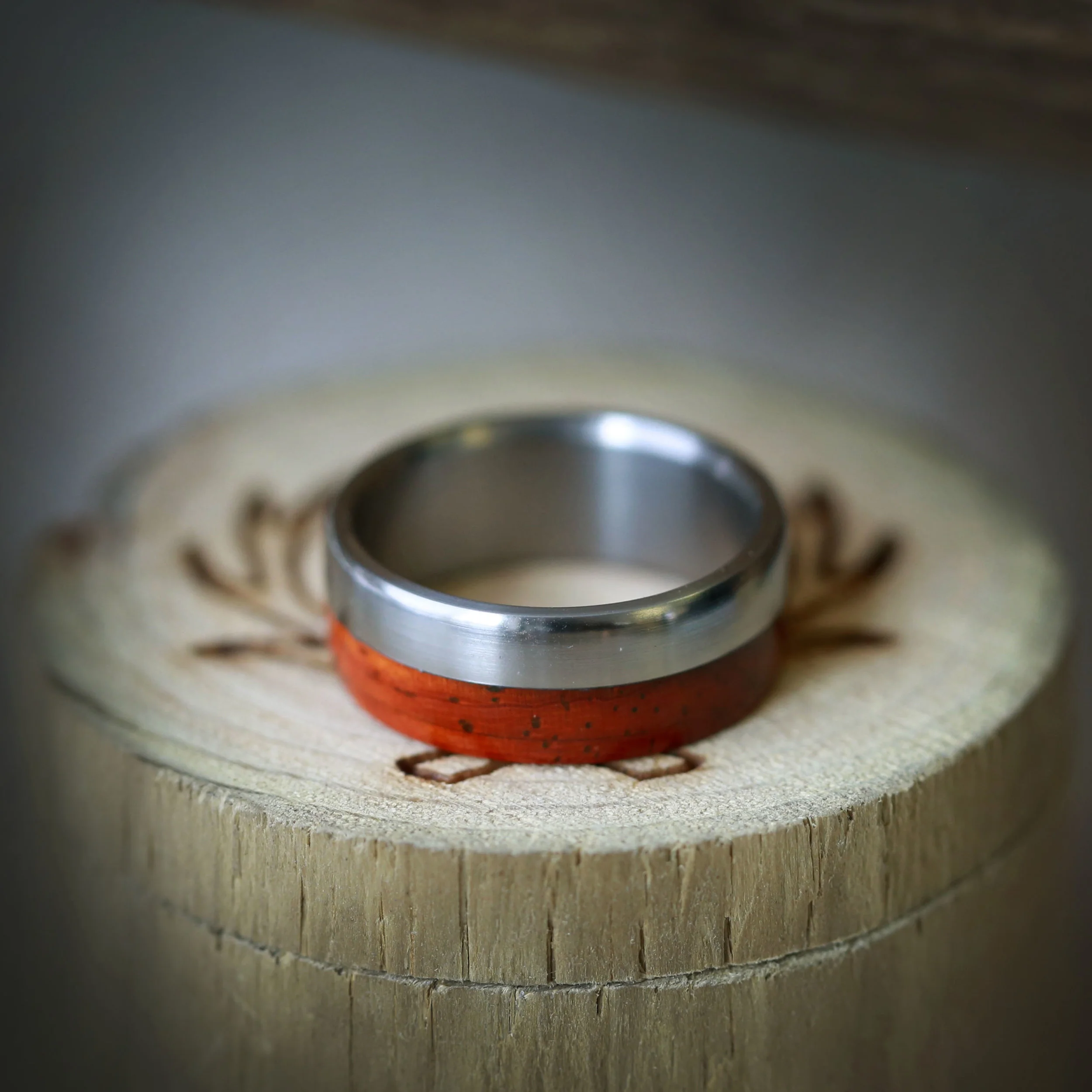Titanium and Padauk Wood Wedding Ring. Handcrafted by Staghead Designs.