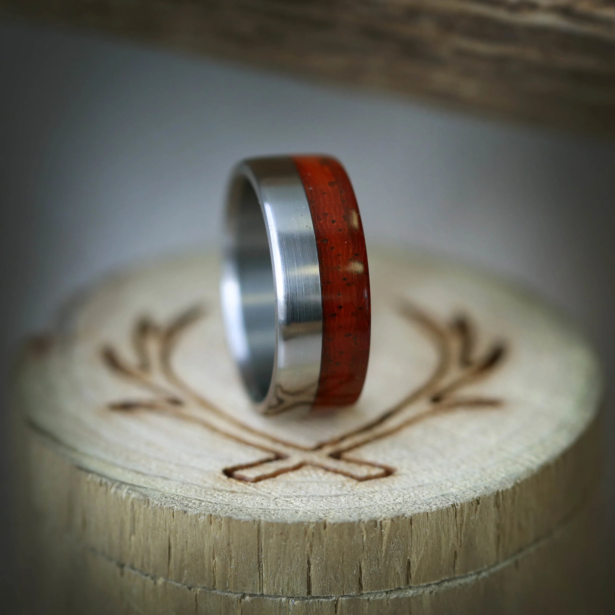 Custom Wood Wedding Ring with Padauk. Handcrafted by Staghead Designs.
