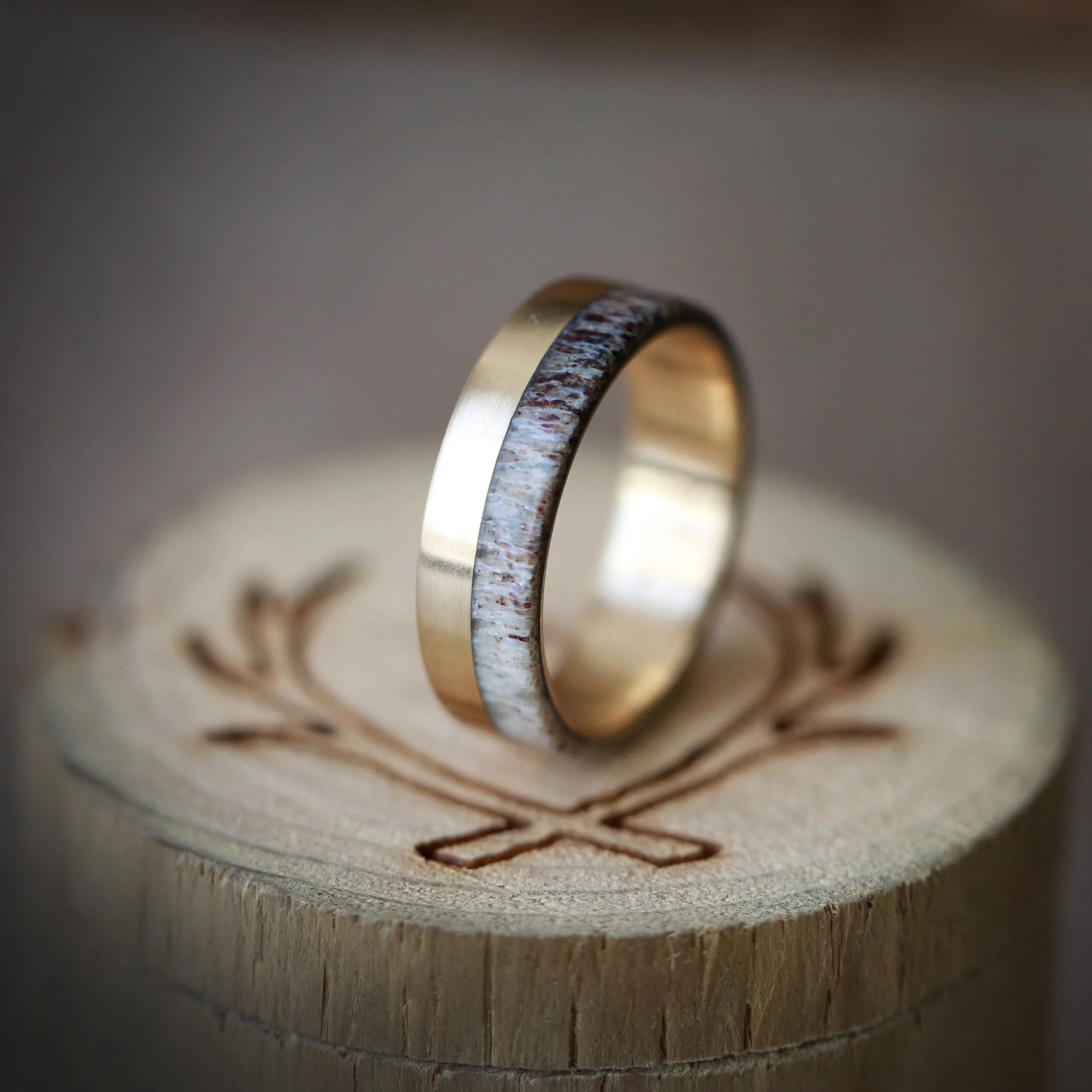 Custom Gold & Antler Wedding Band. Handcrafted by Staghead Designs.