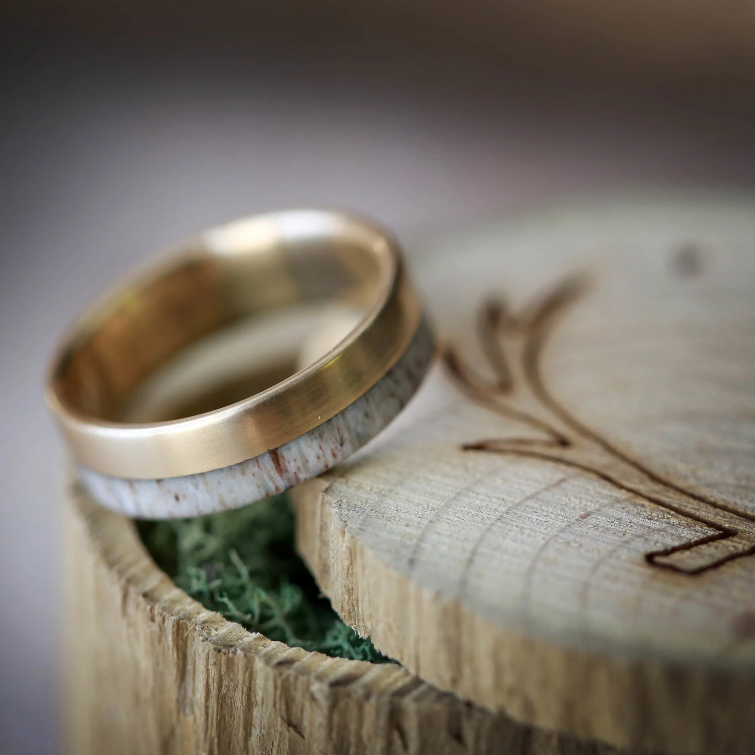 14K Yellow Gold & Antler Wedding Ring. Handcrafted by Staghead Designs.