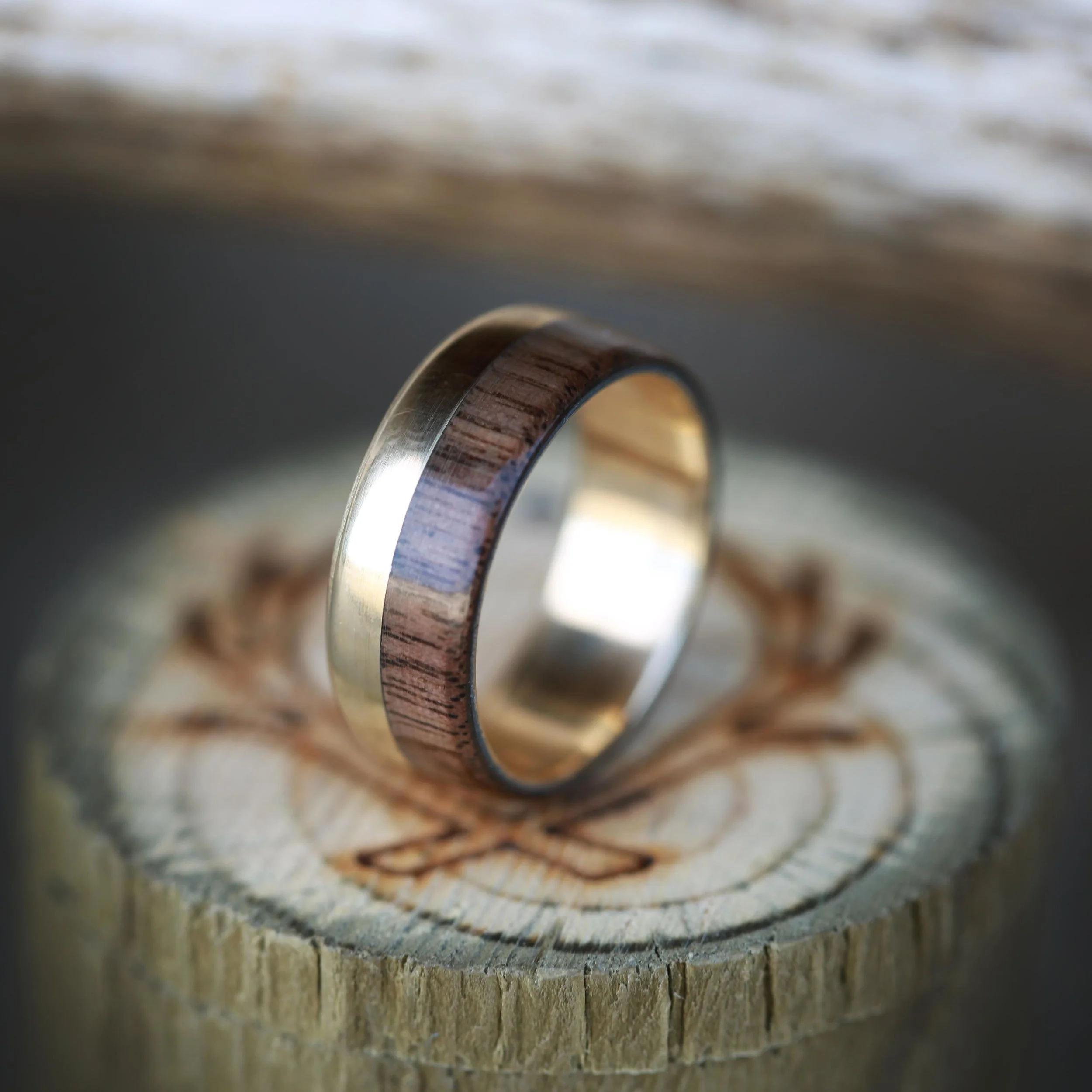 Custom Gold & Wood Wedding Ring. Handcrafted by Staghead Designs.