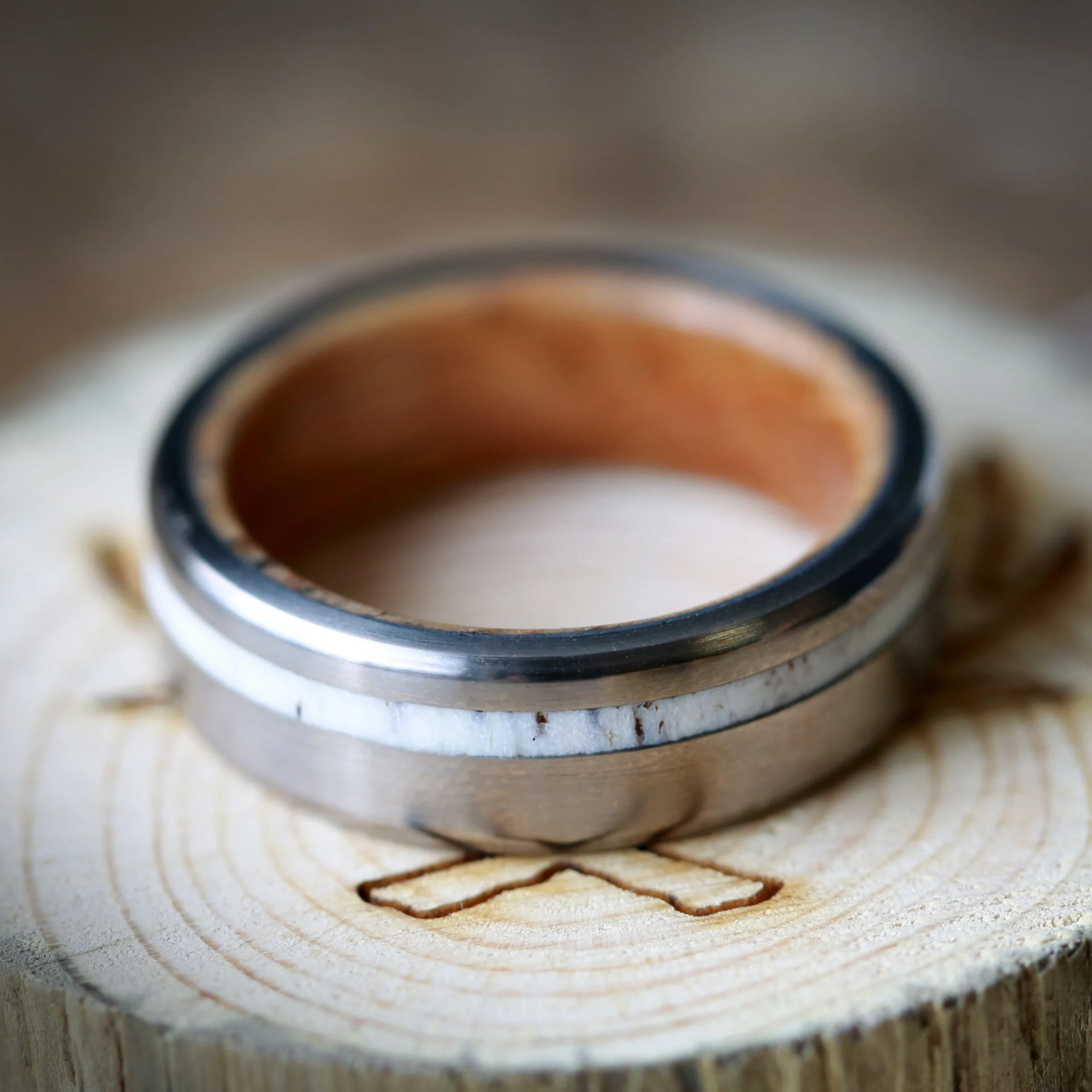Men's Elk Antler Wedding Ring with Wood Lining. Handcrafted by Staghead Designs.