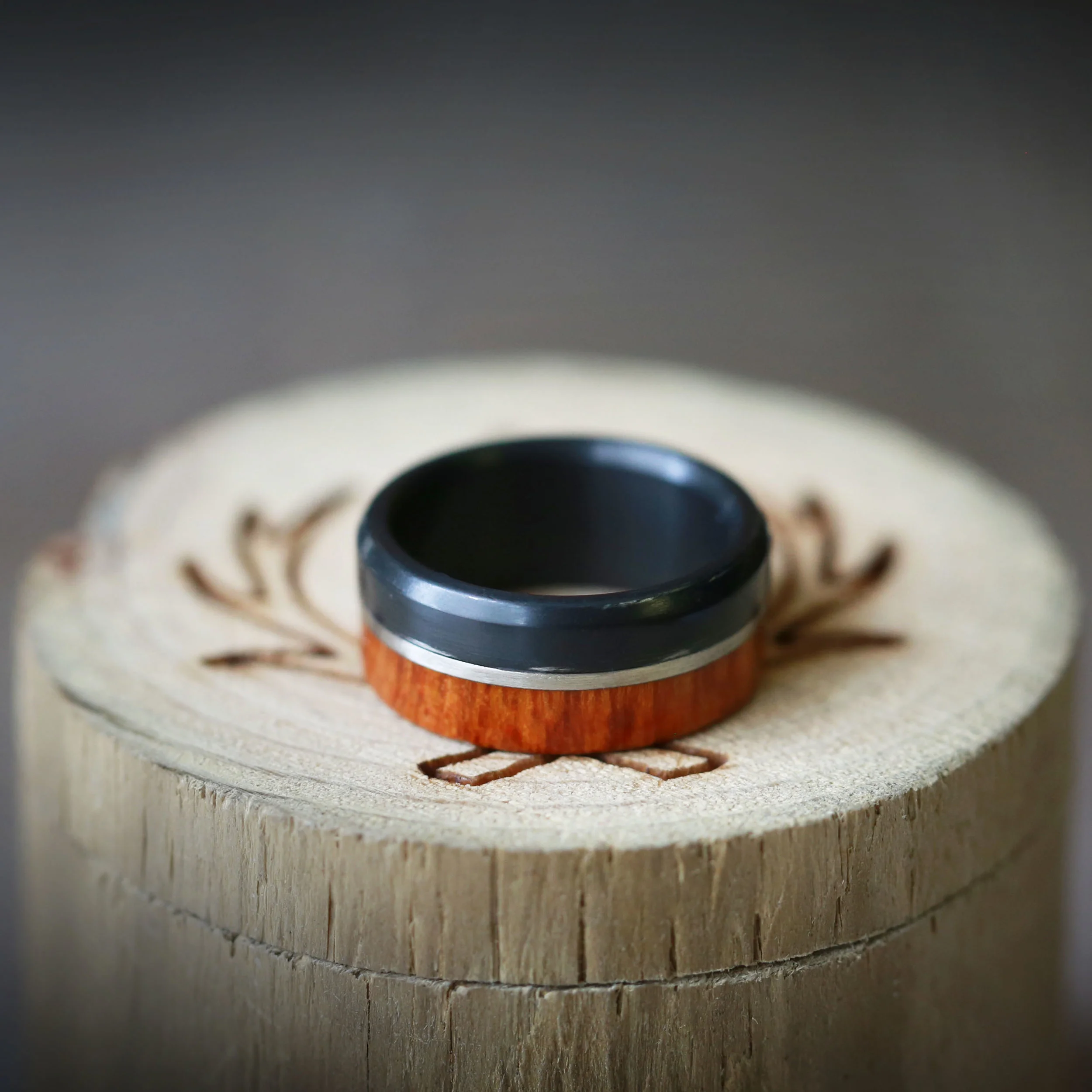 Black Zirconium Wedding Ring with Wood. Handcrafted by Staghead Designs.