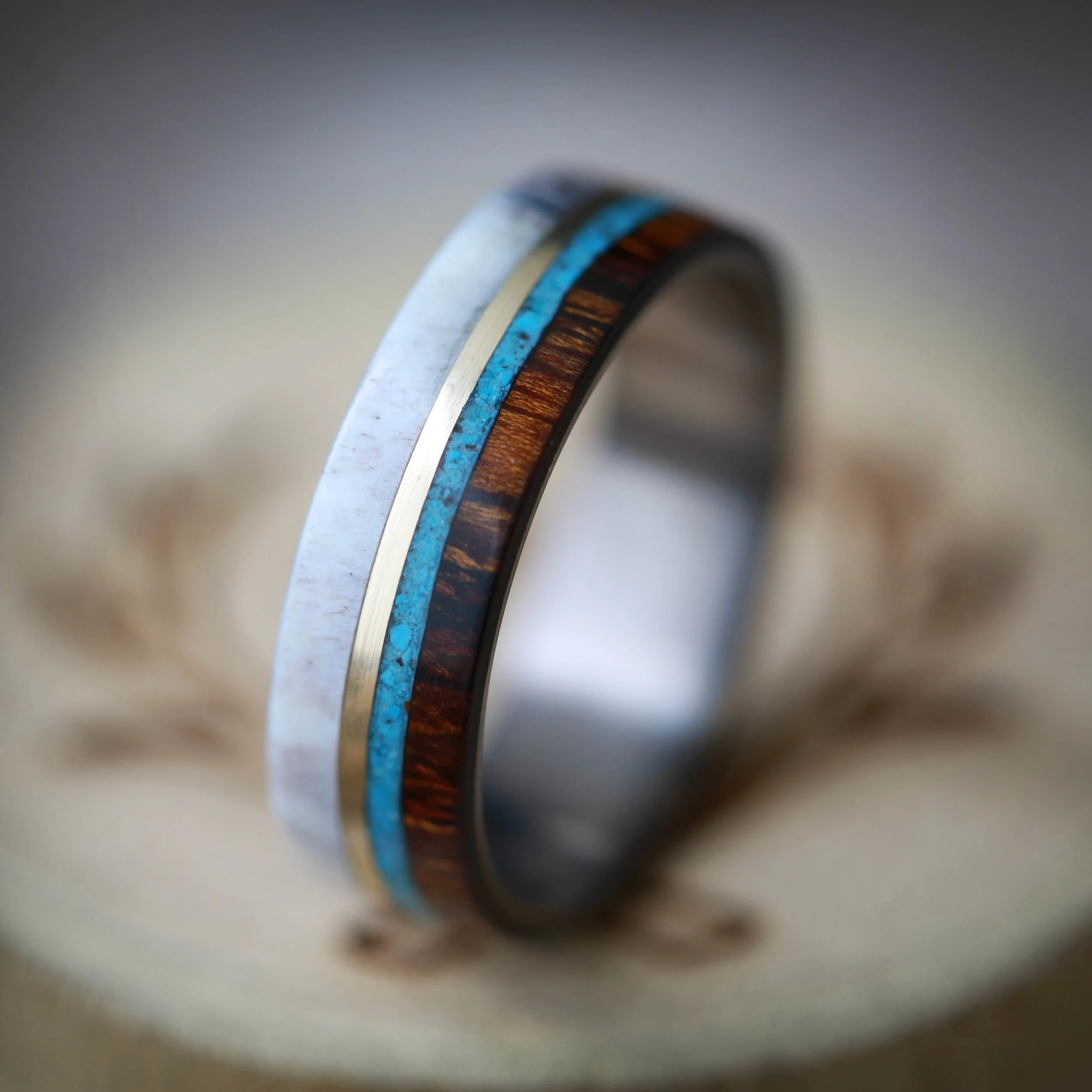 Unique Men's Wedding Ring with Wood, Antler, and Turquoise. Handcrafted by Staghead Designs.