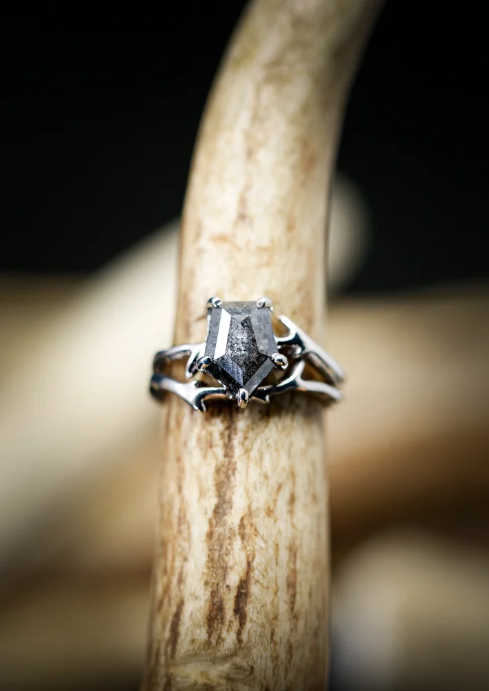 "ARTEMIS" SALT & PEPPER DIAMOND SET ON 14K GOLD ANTLER/TWIG STYLE