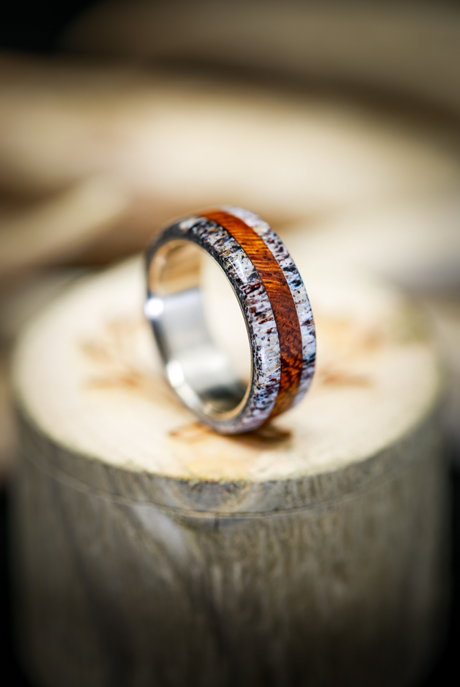 Wood Wedding Ring with Antler on 14K Gold. Handcrafted by Staghead Designs.