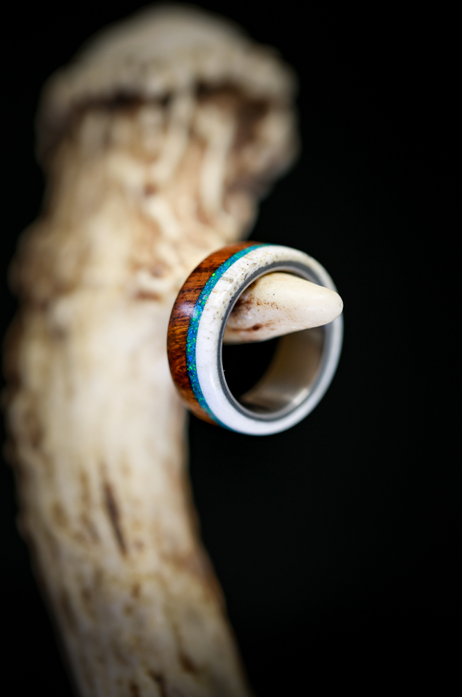 Handmade Wood Wedding Ring with Antler and Opal. Handcrafted by Staghead Designs.