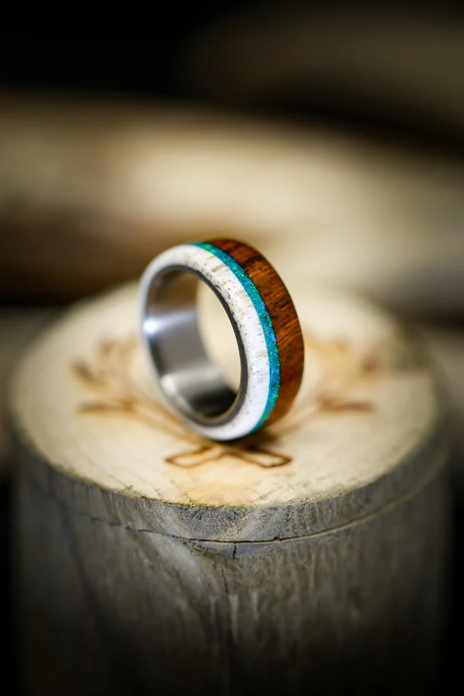 Rugged Wood Wedding Ring with Antler and Blue Opal. Handcrafted by Staghead Designs.