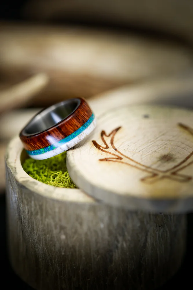 Wood and Antler Wedding Ring with Blue Opal Inlay. Handcrafted by Staghead Designs.