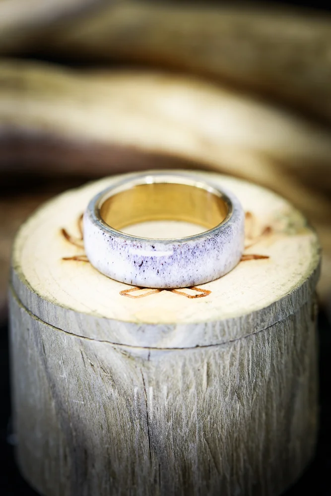 Custom Antler Wedding Band on 14K Yellow Gold Band. Handcrafted by Staghead Designs.