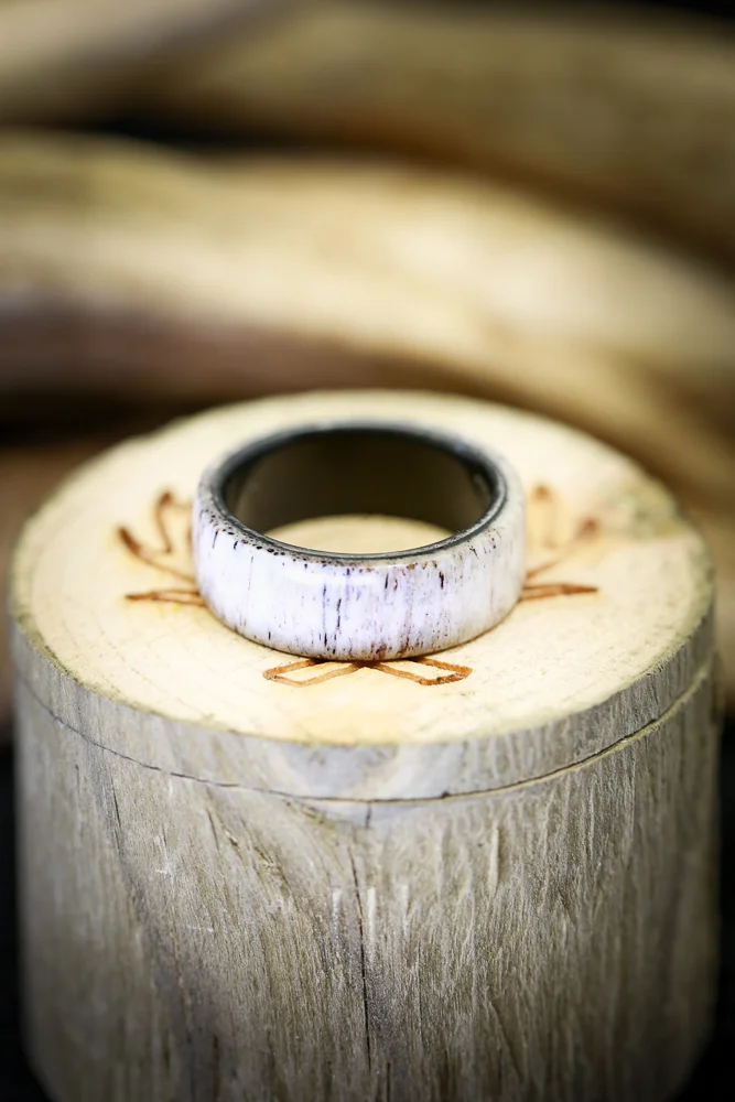 Handmade Elk Antler Wedding Ring with Black Zirconium Ring Base by Staghead Designs.