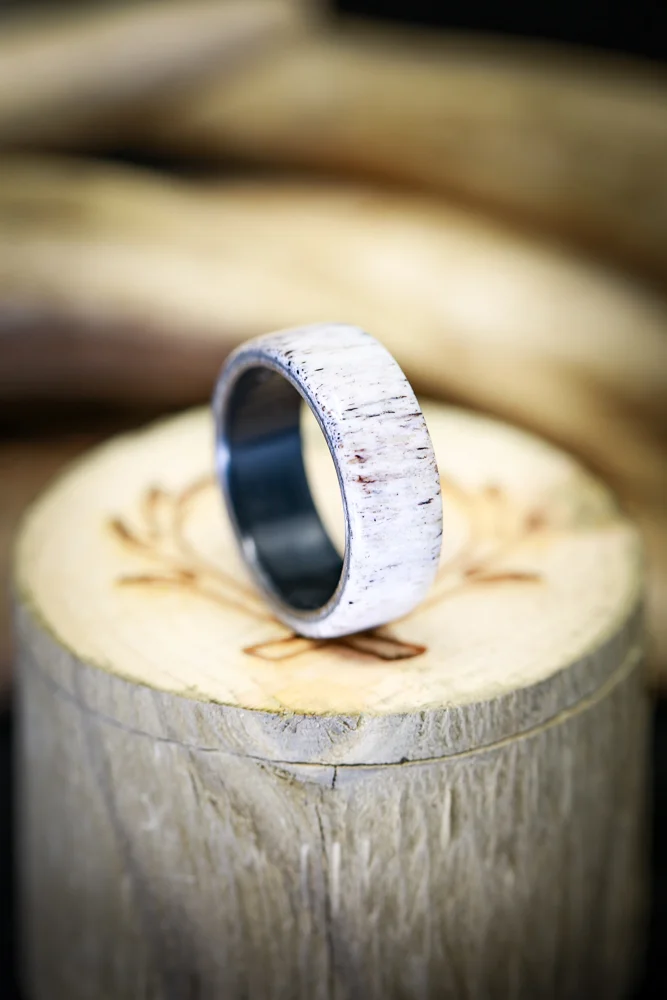 Ethically Sourced Antler on Black Zirconium Wedding Ring. Handcrafted by Staghead Designs.