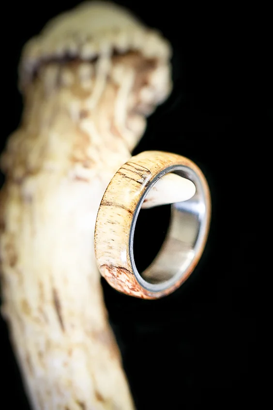Maple wedding ring with titanium base by Staghead Designs.