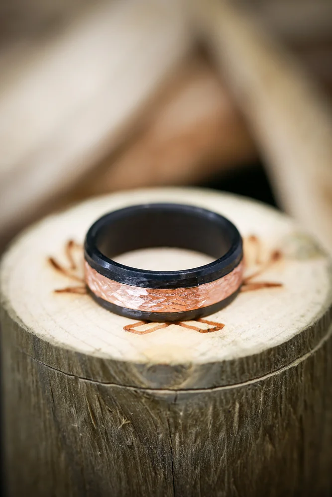 Black Wedding Ring with 14K Rose Gold and Hammered Finish. Handcrafted by Staghead Designs.