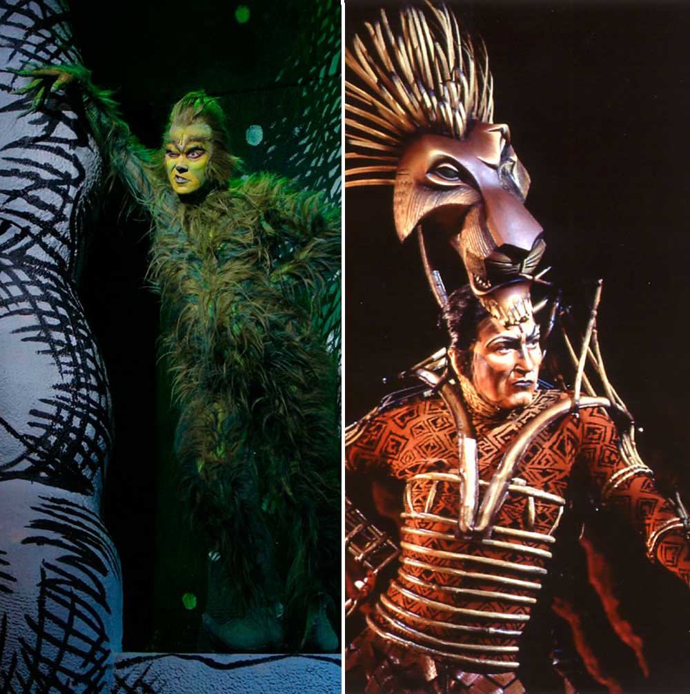 Patrick Page on Broadway: as The Grinch in Dr. Seuss' How the Grinch Stole Christmas (left) and as Scar in The Lion King.