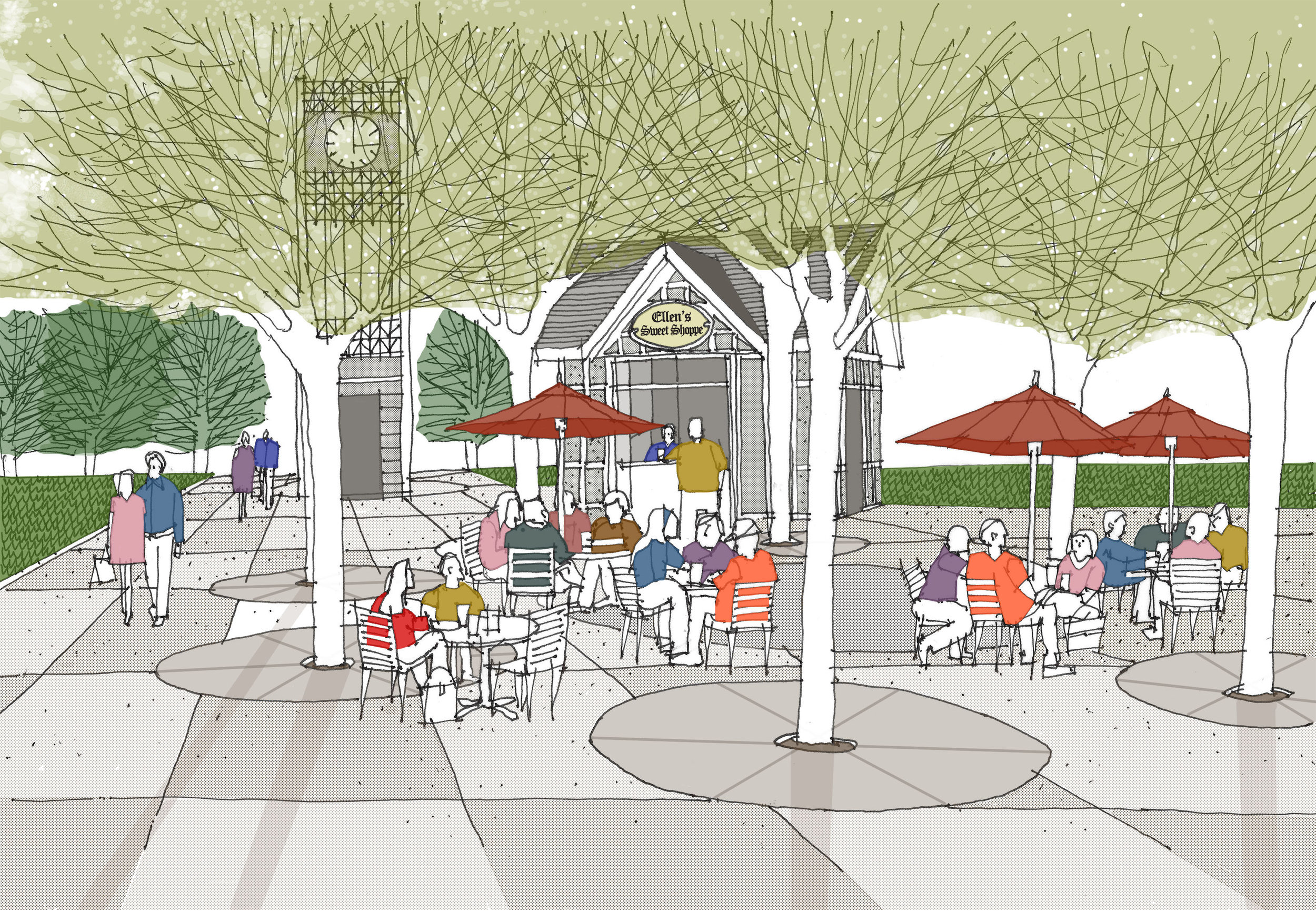 Looking north across the new outdoor gathering area to Ellen’s Sweet Shoppe and the Gardner Family Clock Tower.