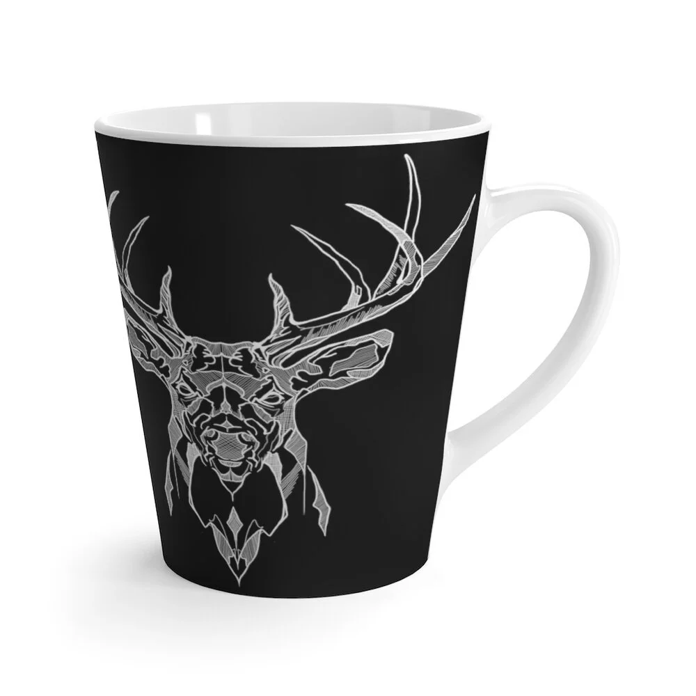 Black Geometric Deer Latte Mug - Ceramic Mugs - Coffee Cup - Original Artwork
