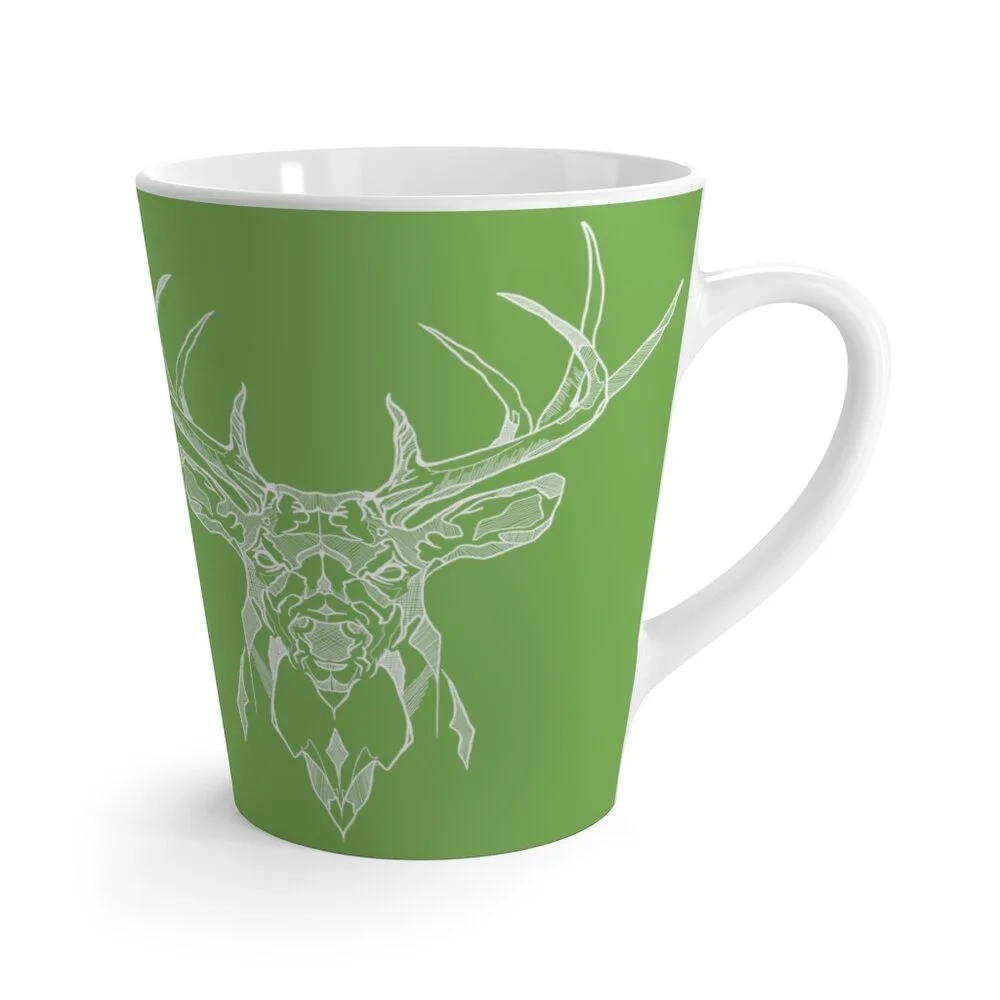 Green Geometric Deer Latte Mug - Ceramic Mugs - Coffee Cup - Original Artwork