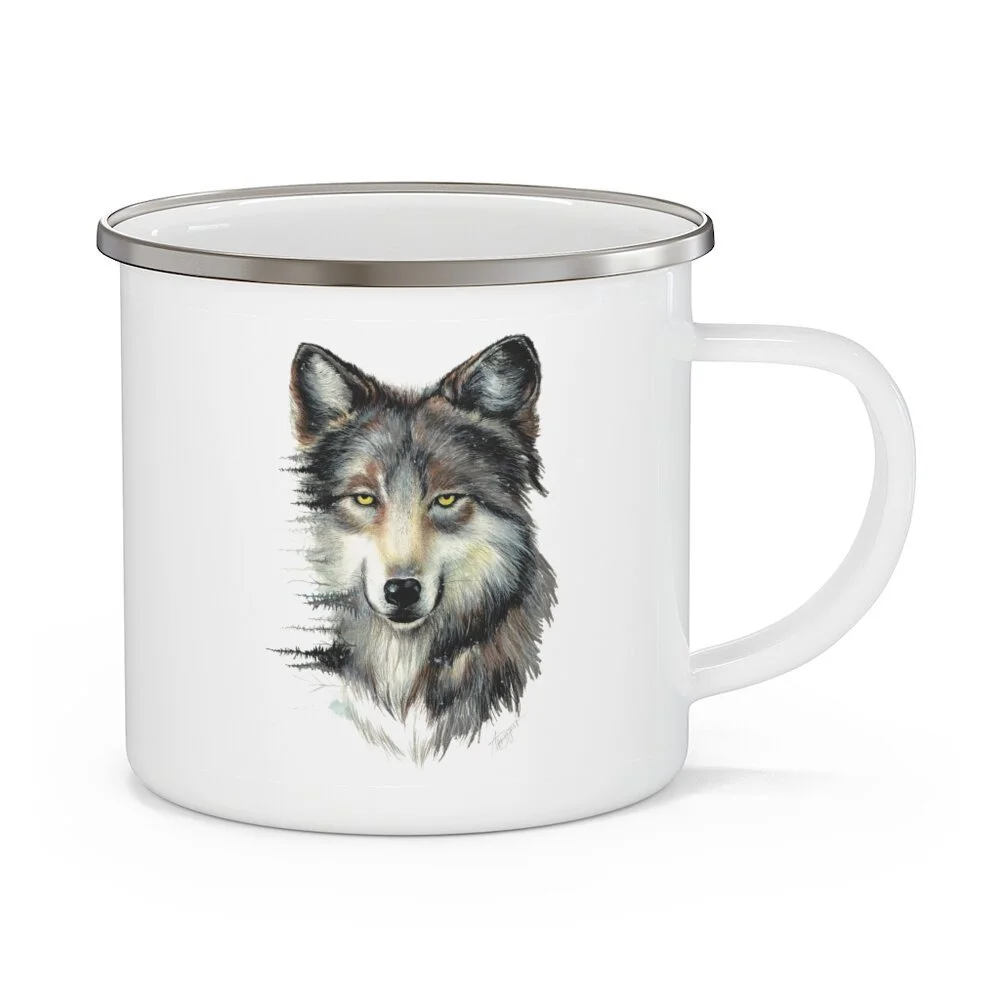 Arctic Wolf Enamel Camping Mug - Rustic Coffee Mug - Stainless Steel Mug