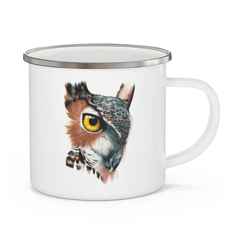 Great Horned Owl Enamel Camping Mug - Rustic Coffee Mug - Stainless Steel Mug