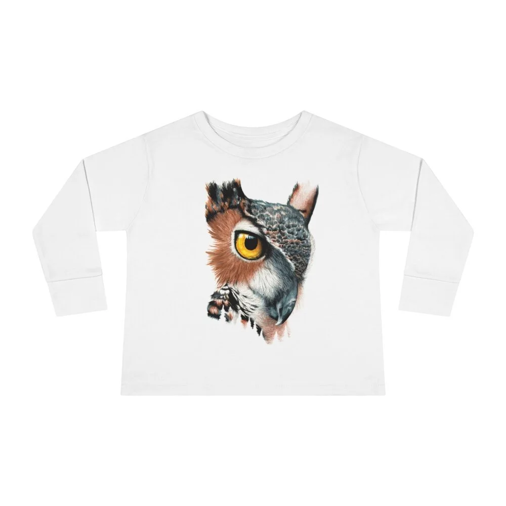 Great Horned Owl Toddler Long Sleeve Tee - Kids Long Sleeve Shirt - White Kids Shirt
