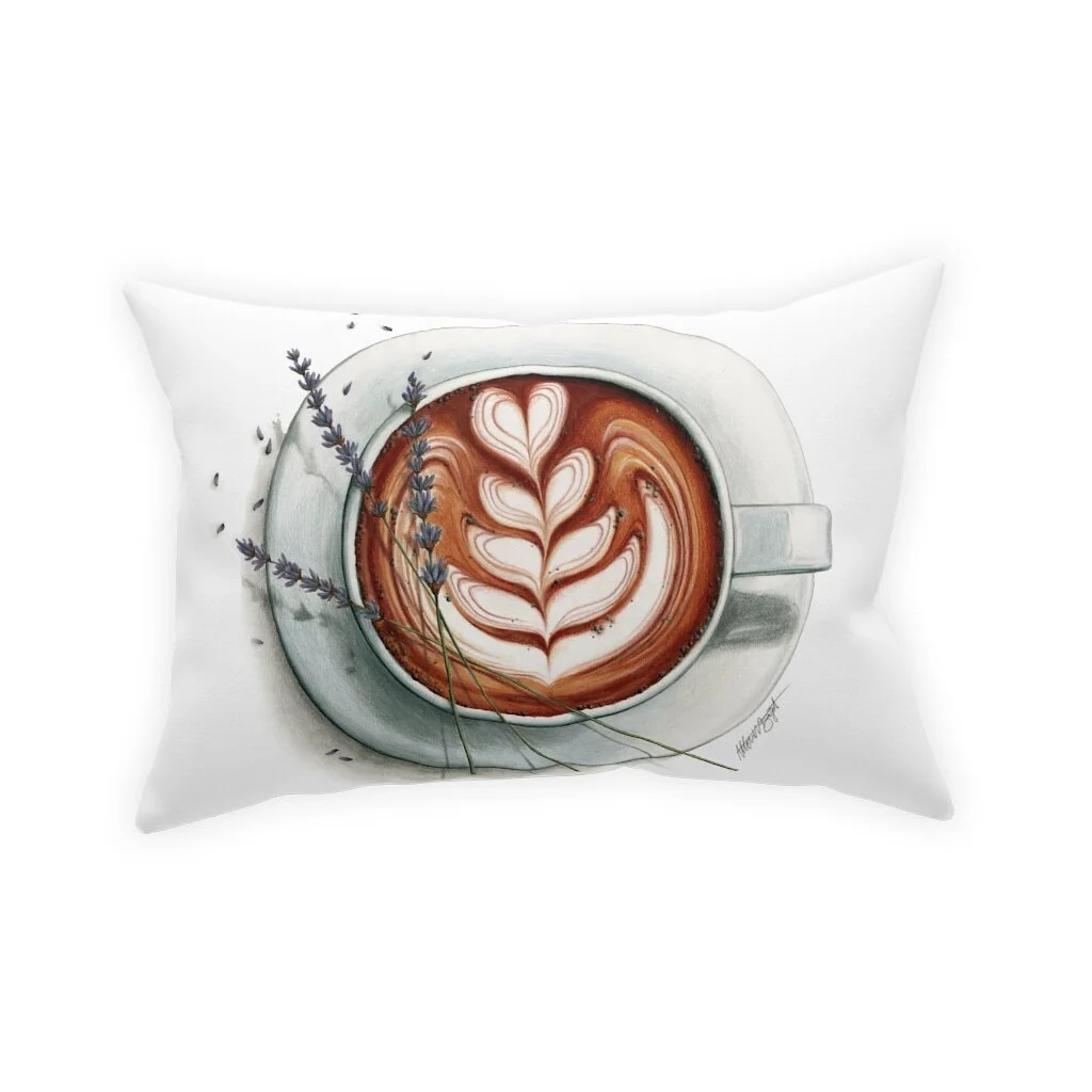 coffee throw pillow, couch pillow, pillowcase, lavender latte art