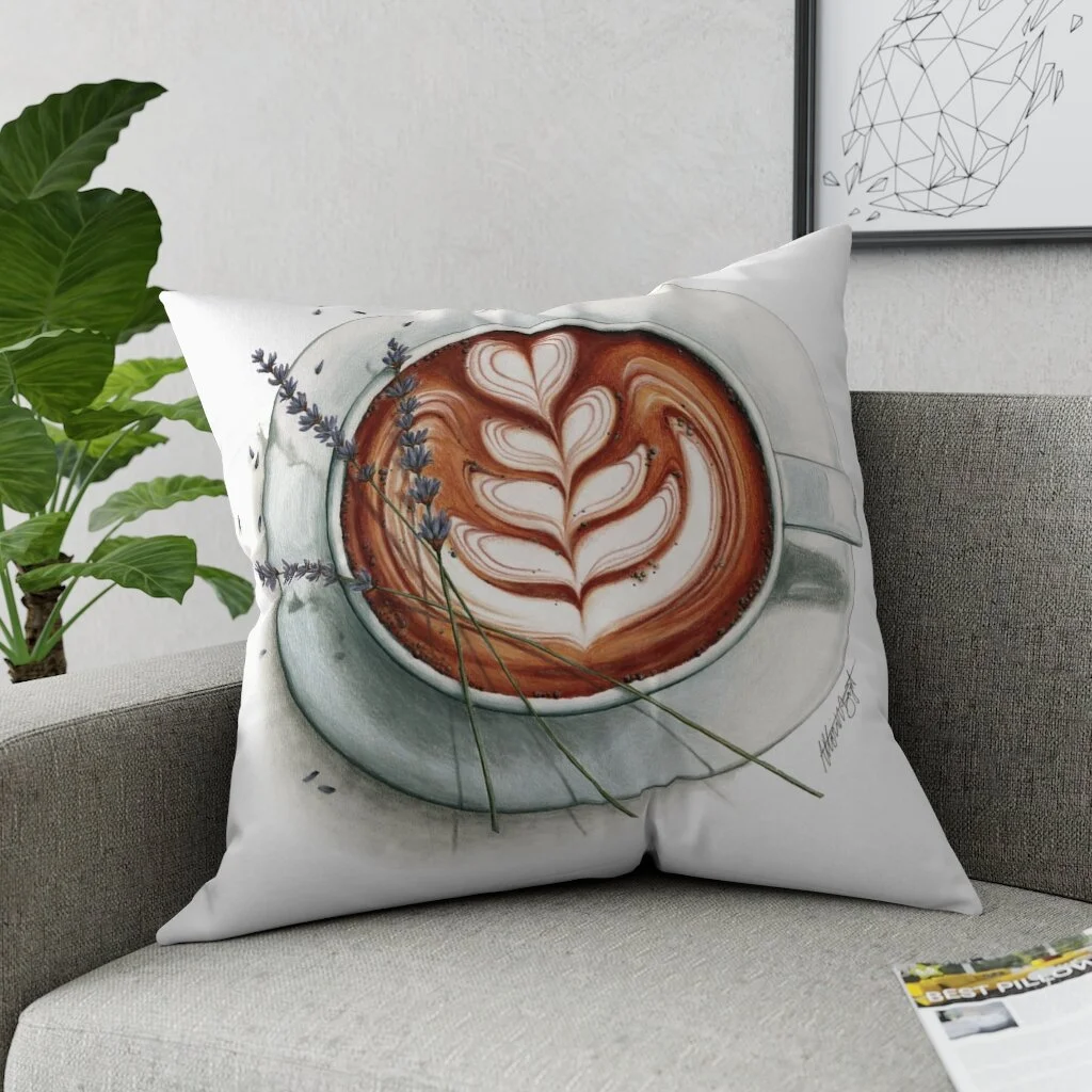 coffee throw pillow, couch pillow, pillowcase, lavender latte art