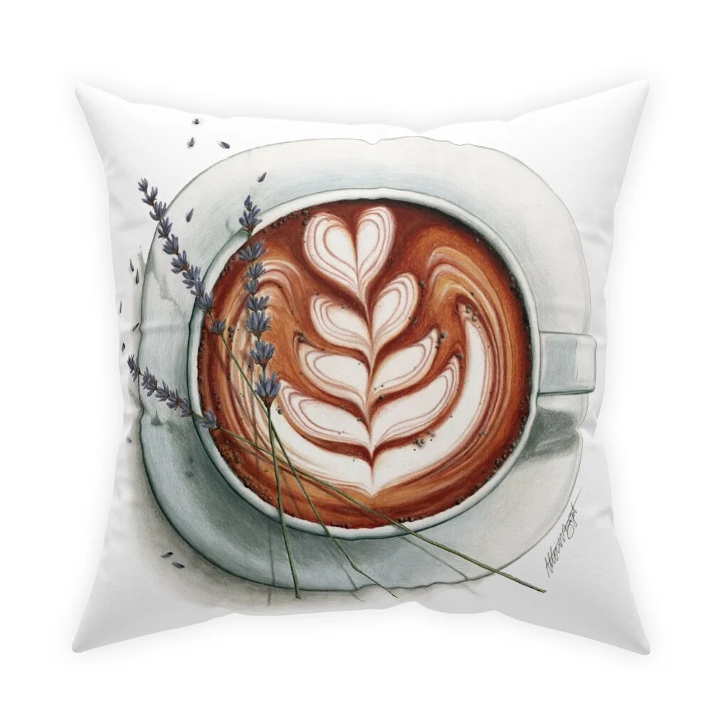 coffee throw pillow, couch pillow, pillowcase, lavender latte art