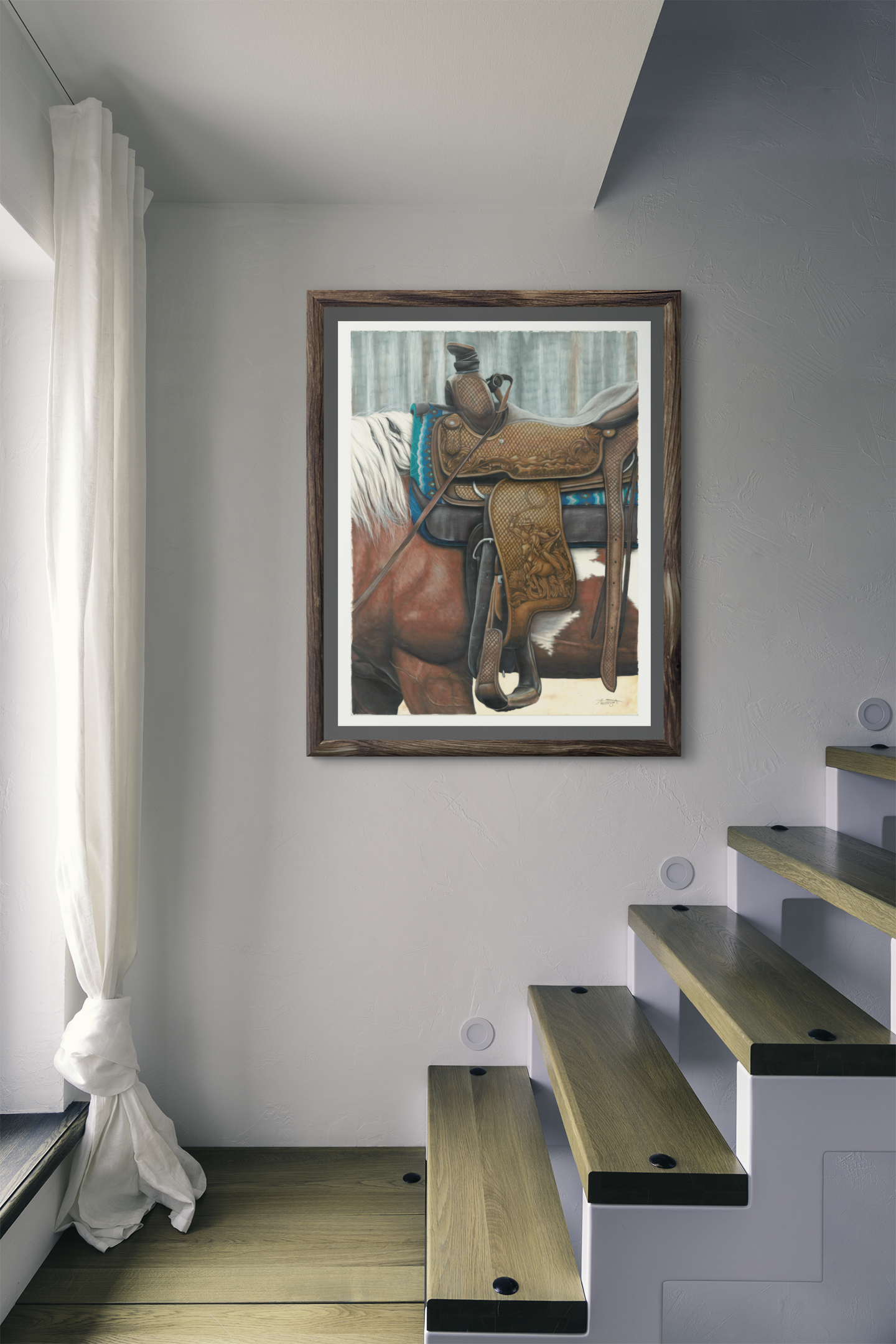 horse and saddle western art print framed hanging on wall