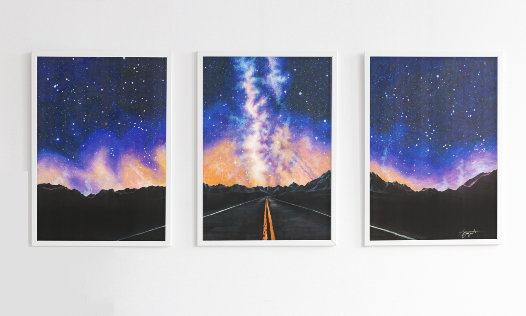 galaxy art prints, three art print frames hanging on wall, starry sky wall art, night sky art