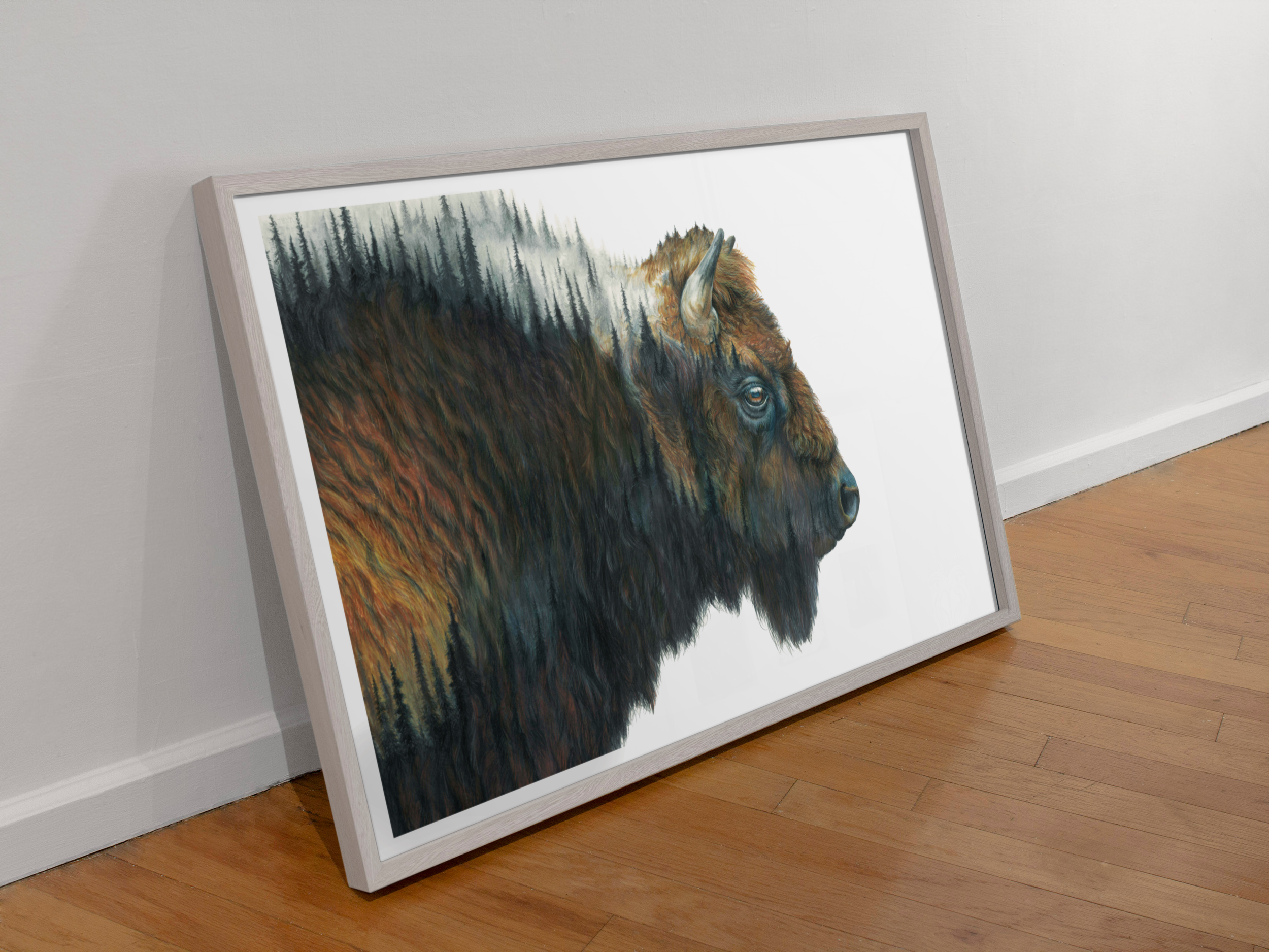 buffalo art print sitting on floor, bison wall art, buffalo fine art hanging on wall