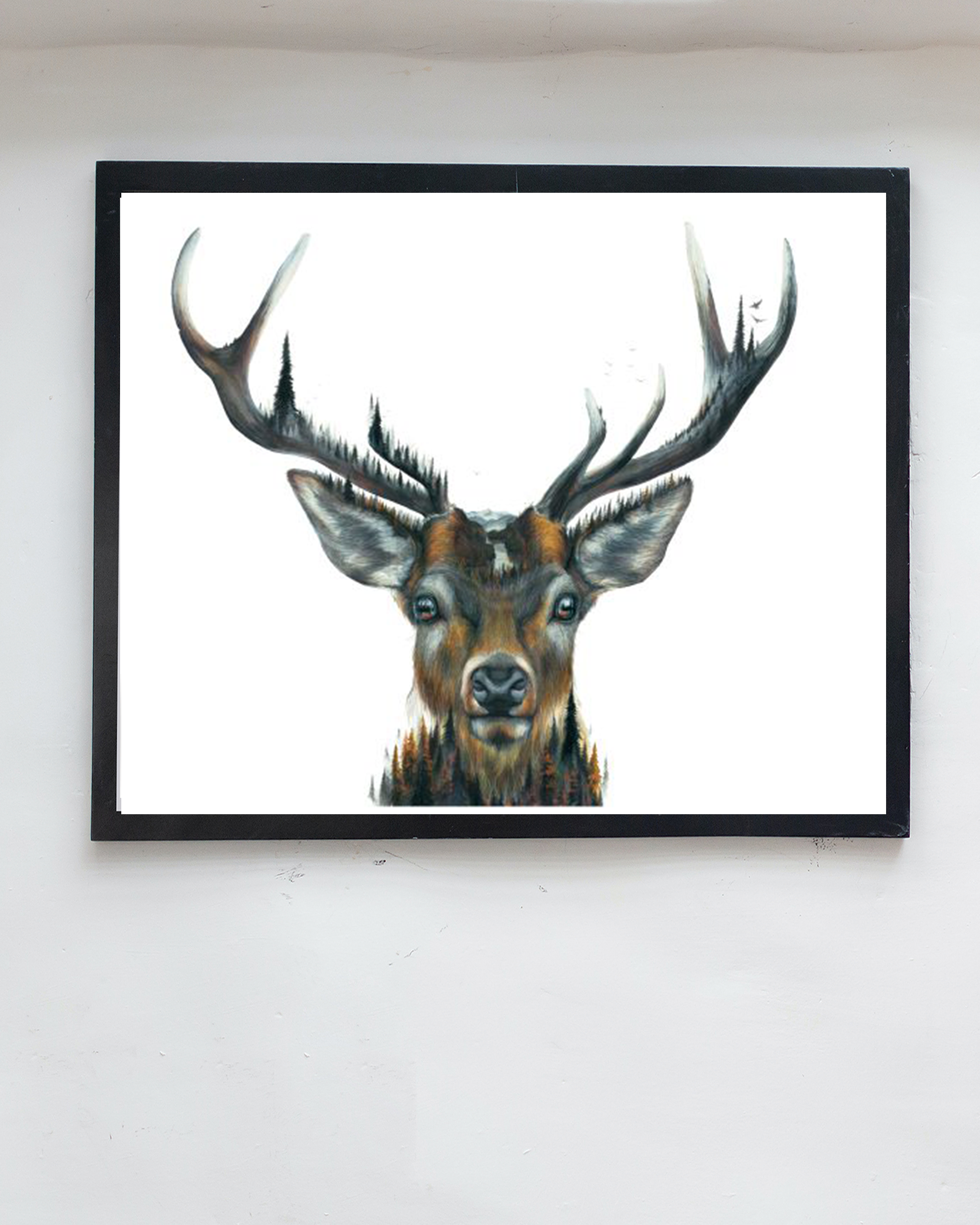 framed deer art print hanging on wall, glass frame, deer art