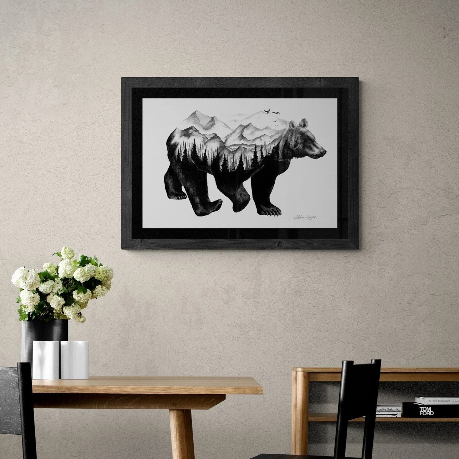 black bear fine art print in frame hanging over table, double exposure black and white bear art print