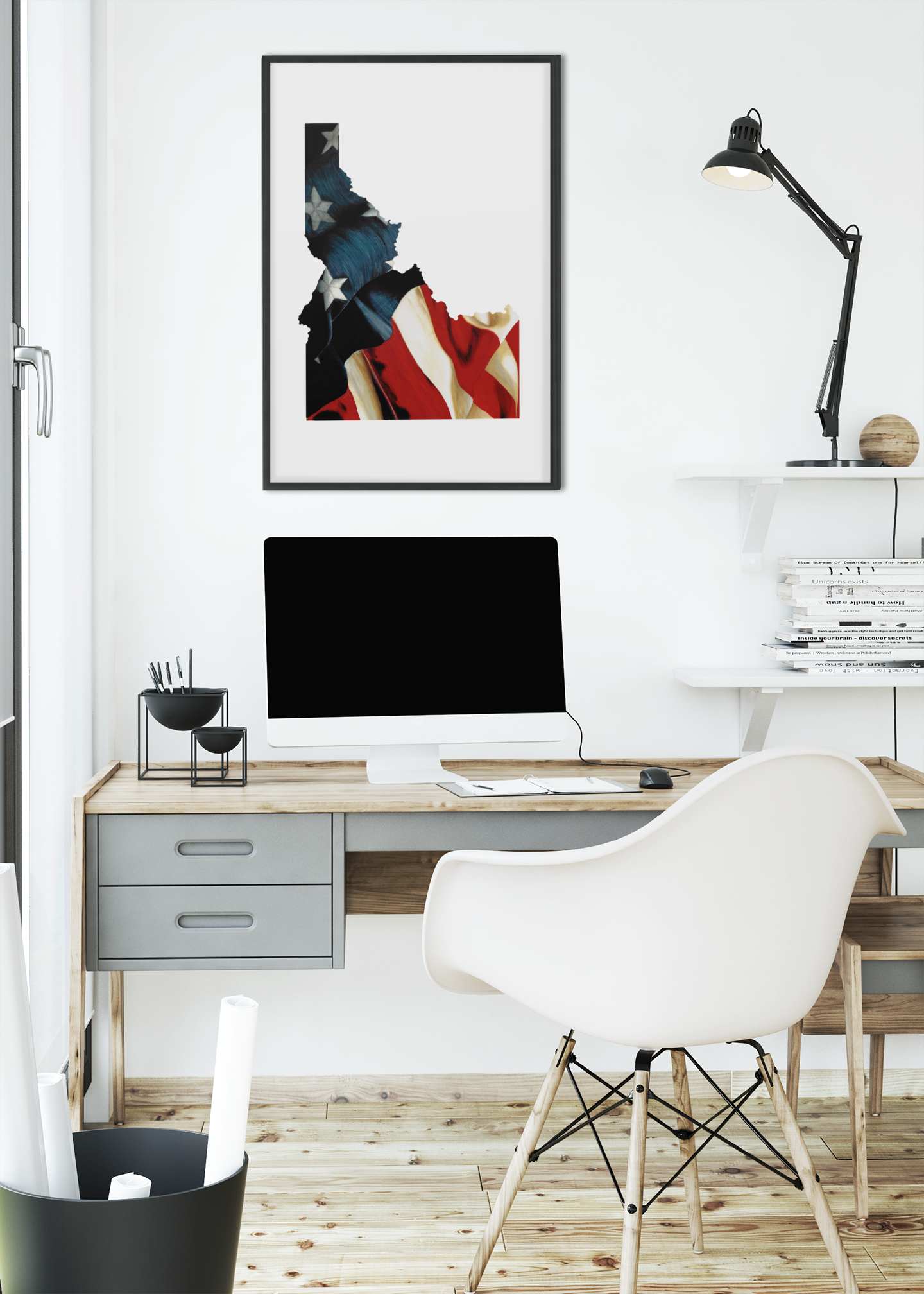idaho state outline art print, american flag fine art print hanging over office desk