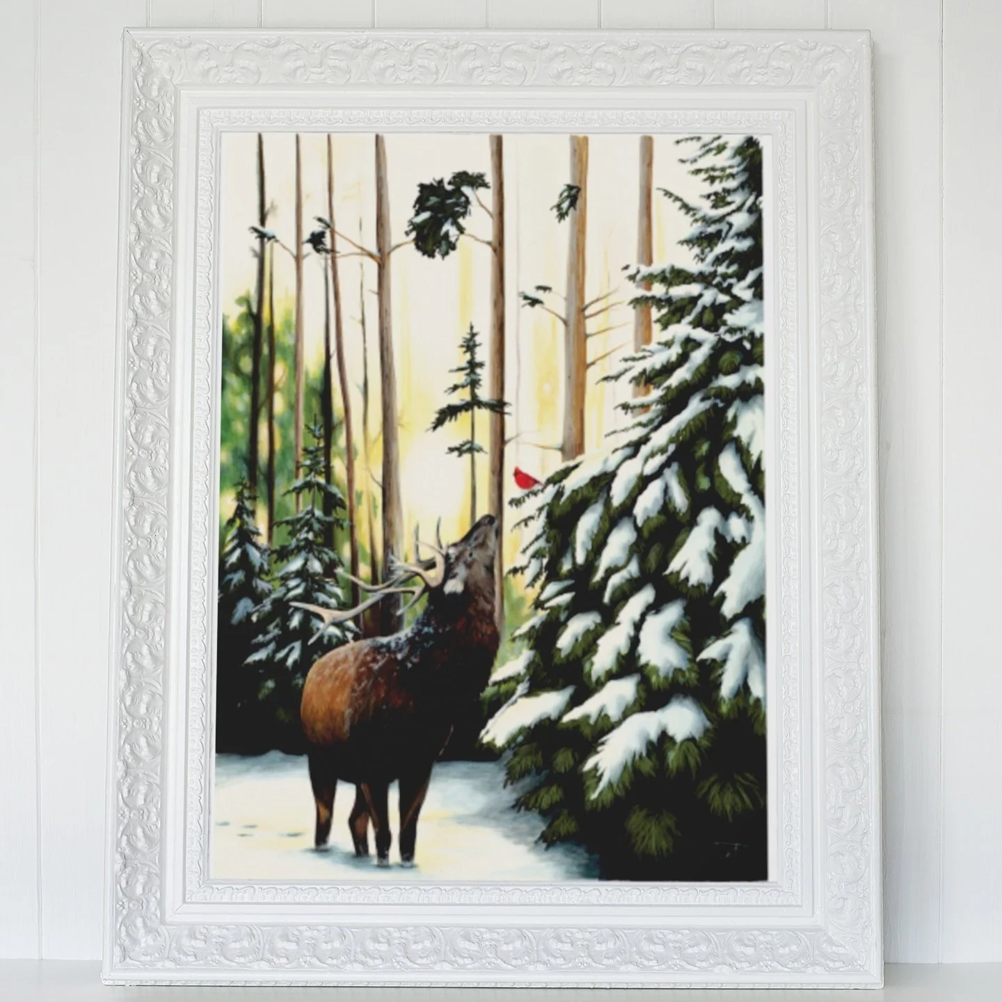 elk and cardinal in the snow fine art print in white frame