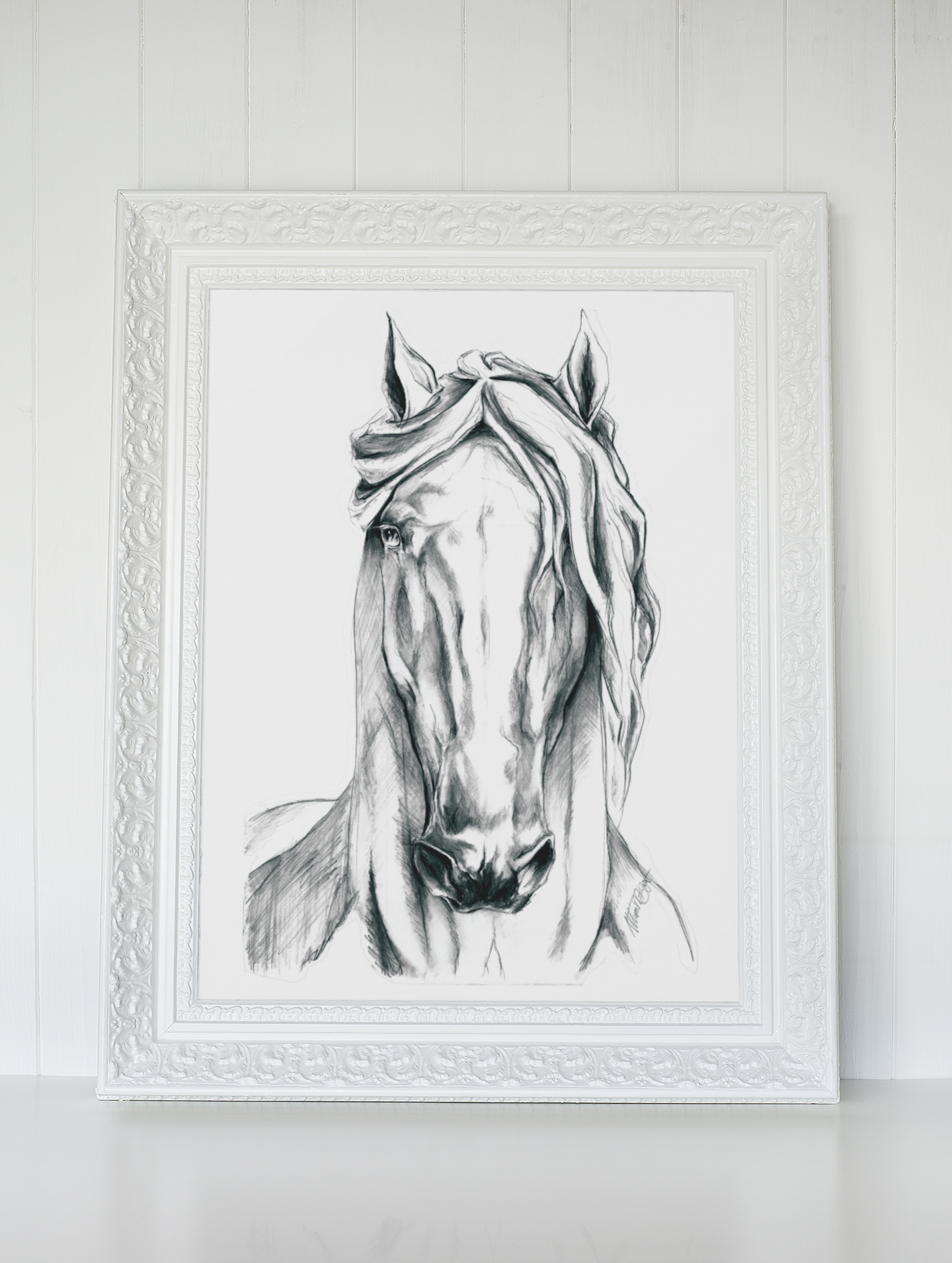 horse drawing in white frame, black and white horse art, charcoal horse art print