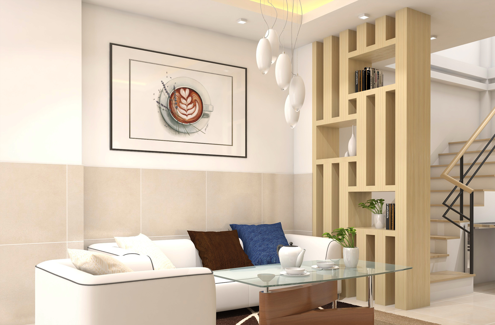 coffee cup art print frame hanging over couch