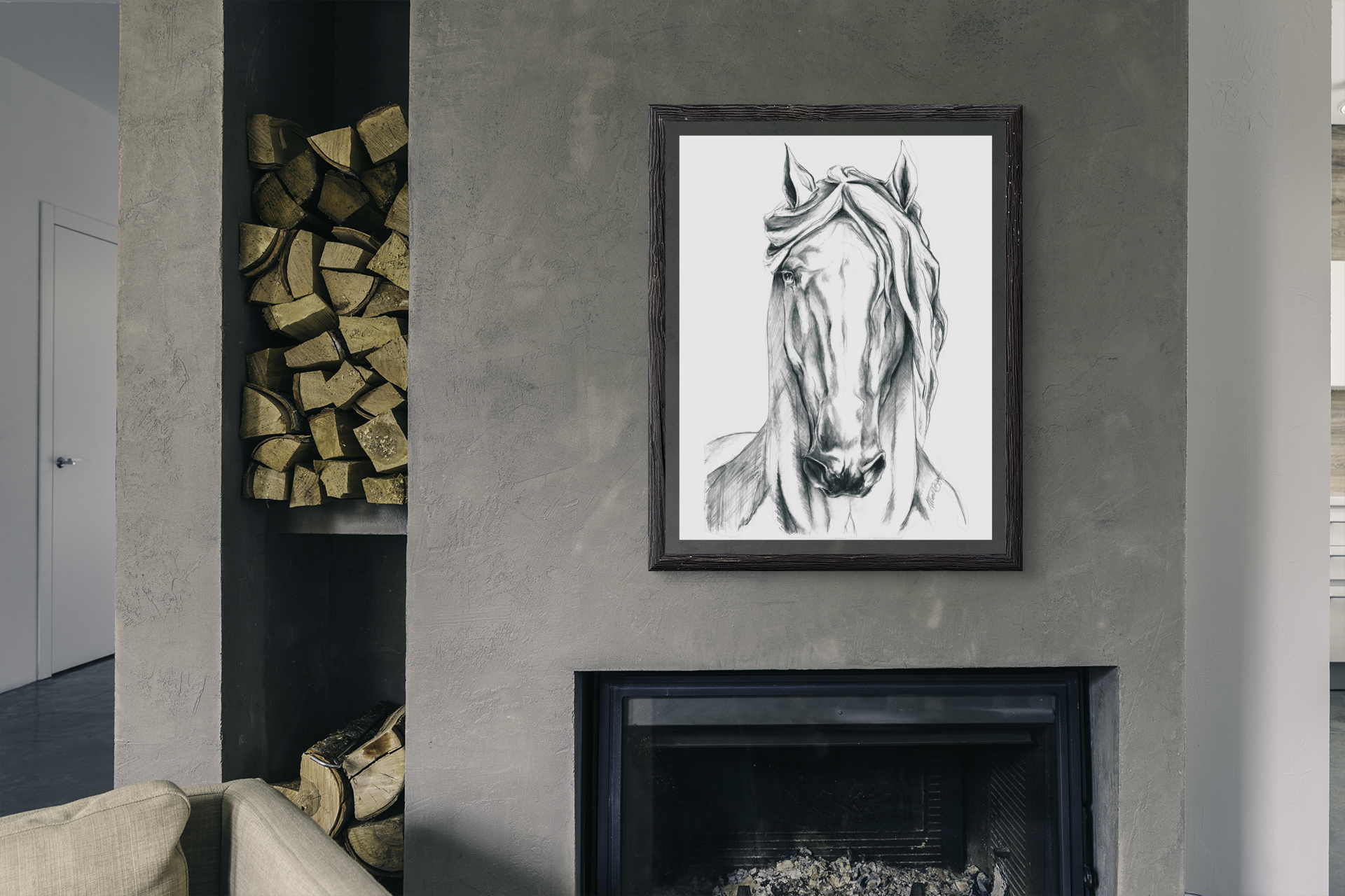horse art print hanging over fireplace, minimalist black and white horse drawing print