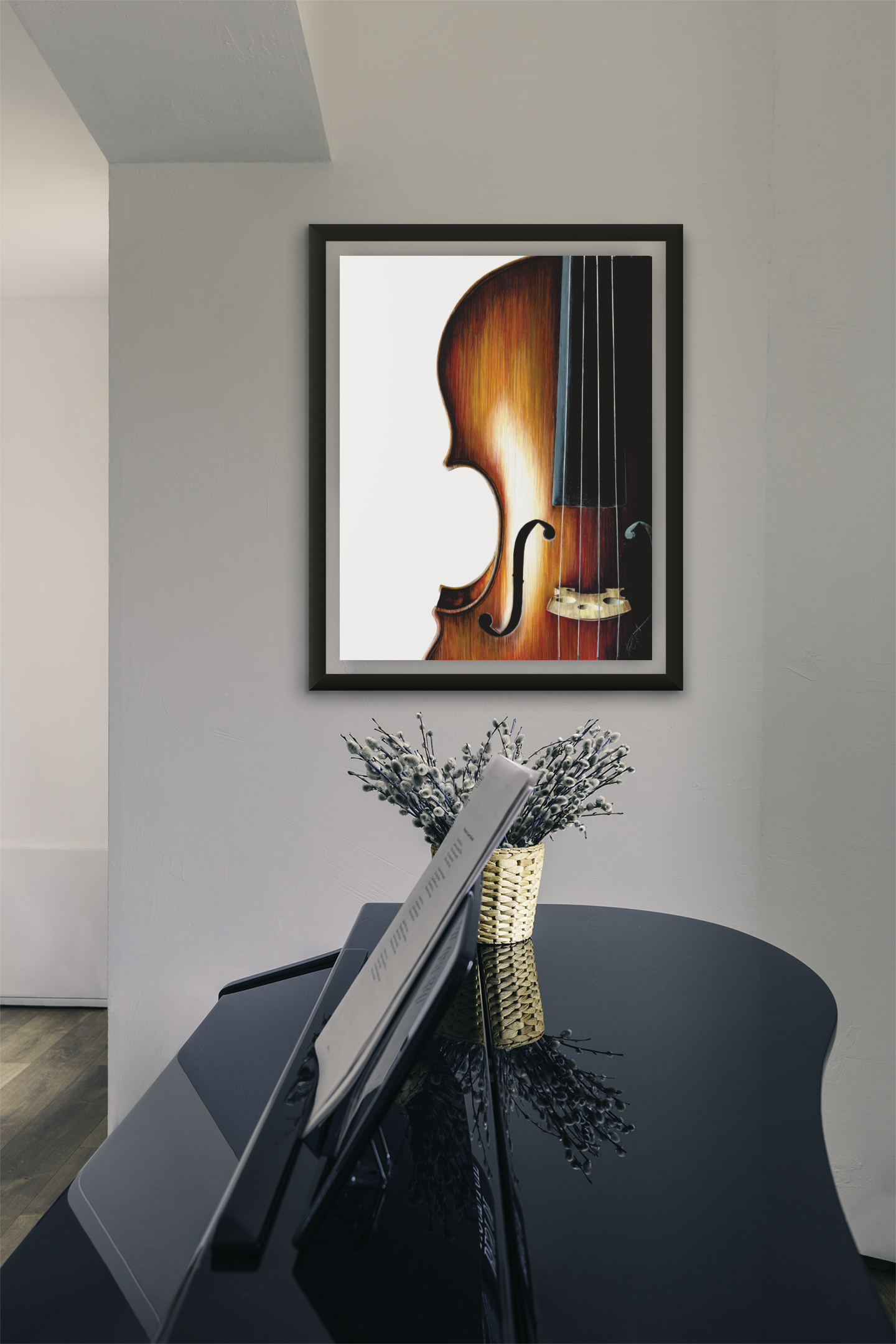 violin fine art print framed hanging over piano, antique violin art