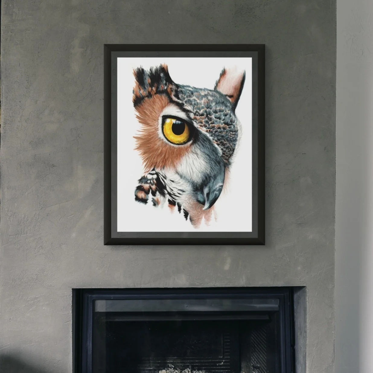 owl face art frame hanging over fireplace, owl art, owl fine art print