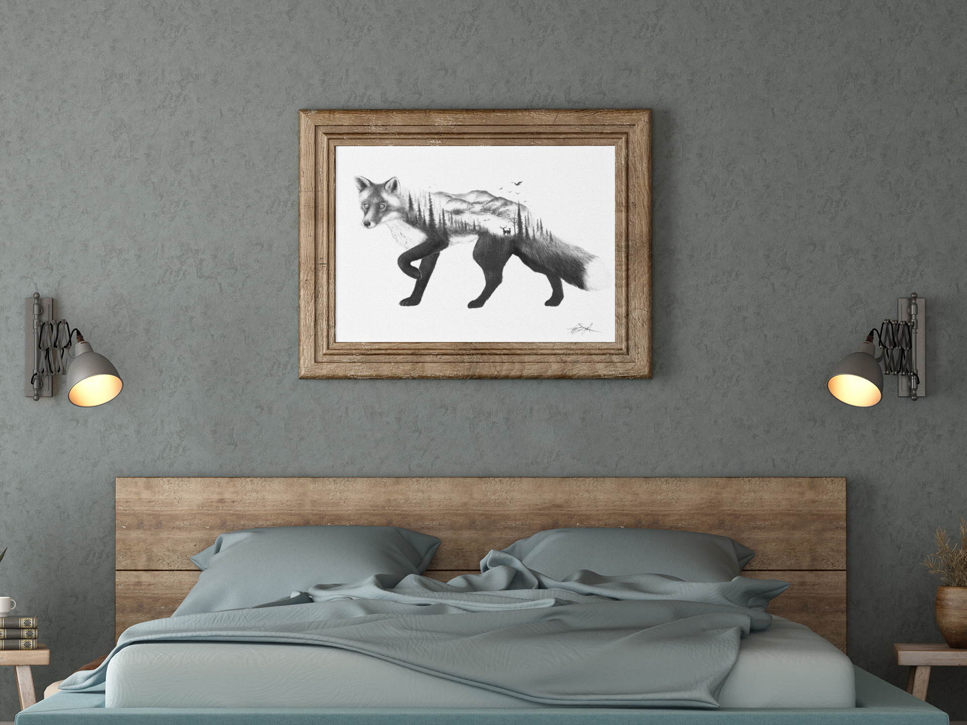 fox fine art print hanging in frame over bed, black and white double exposure fox art print